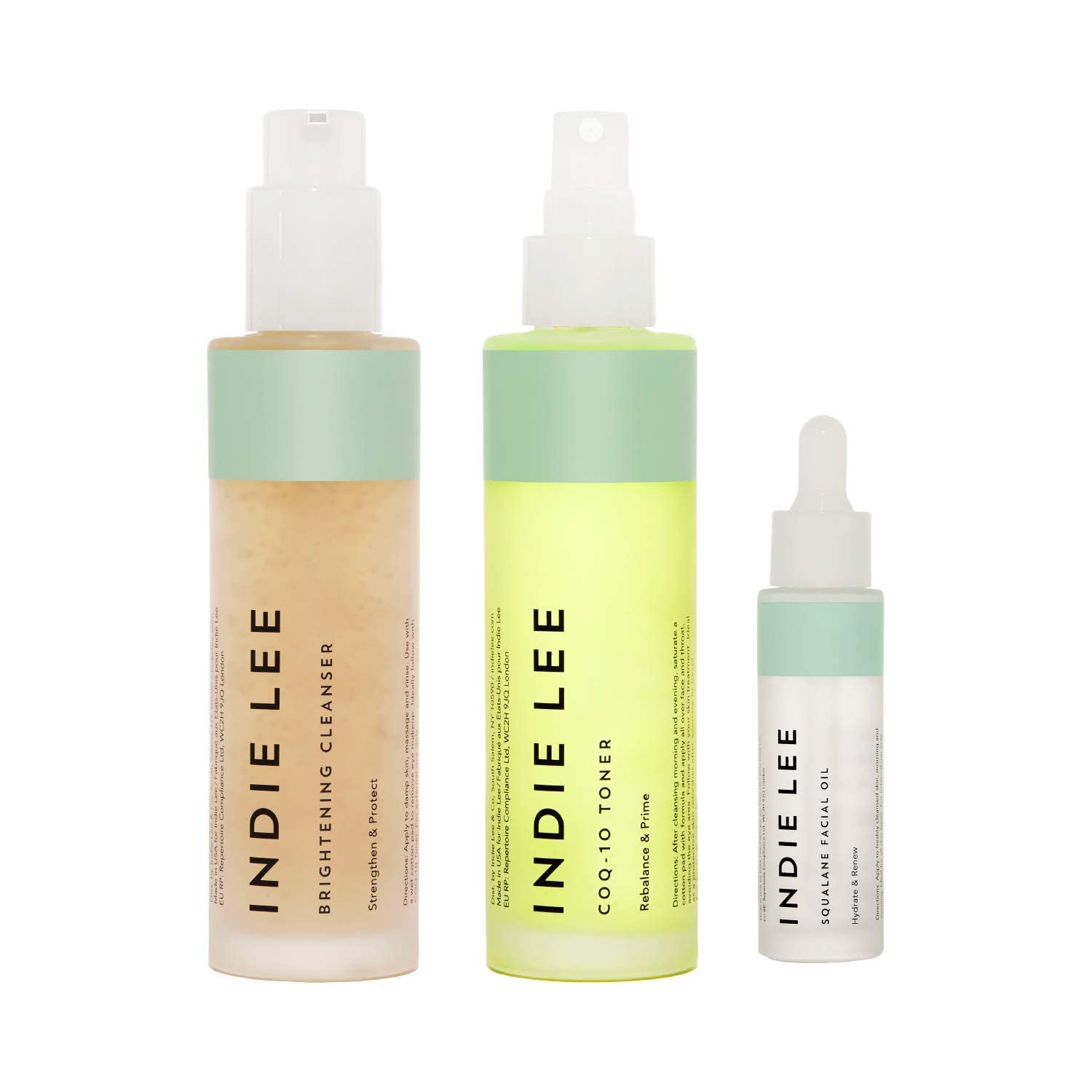 Indie Lee Cleanse, Tone & Hydrate Skincare Set - Brightening Facial Cleanser, CoQ10 Toner & Squalane Facial Oil - Clean Beauty Routine for Glowing Skin - Full Size Skincare Products for Daily Use & Travel