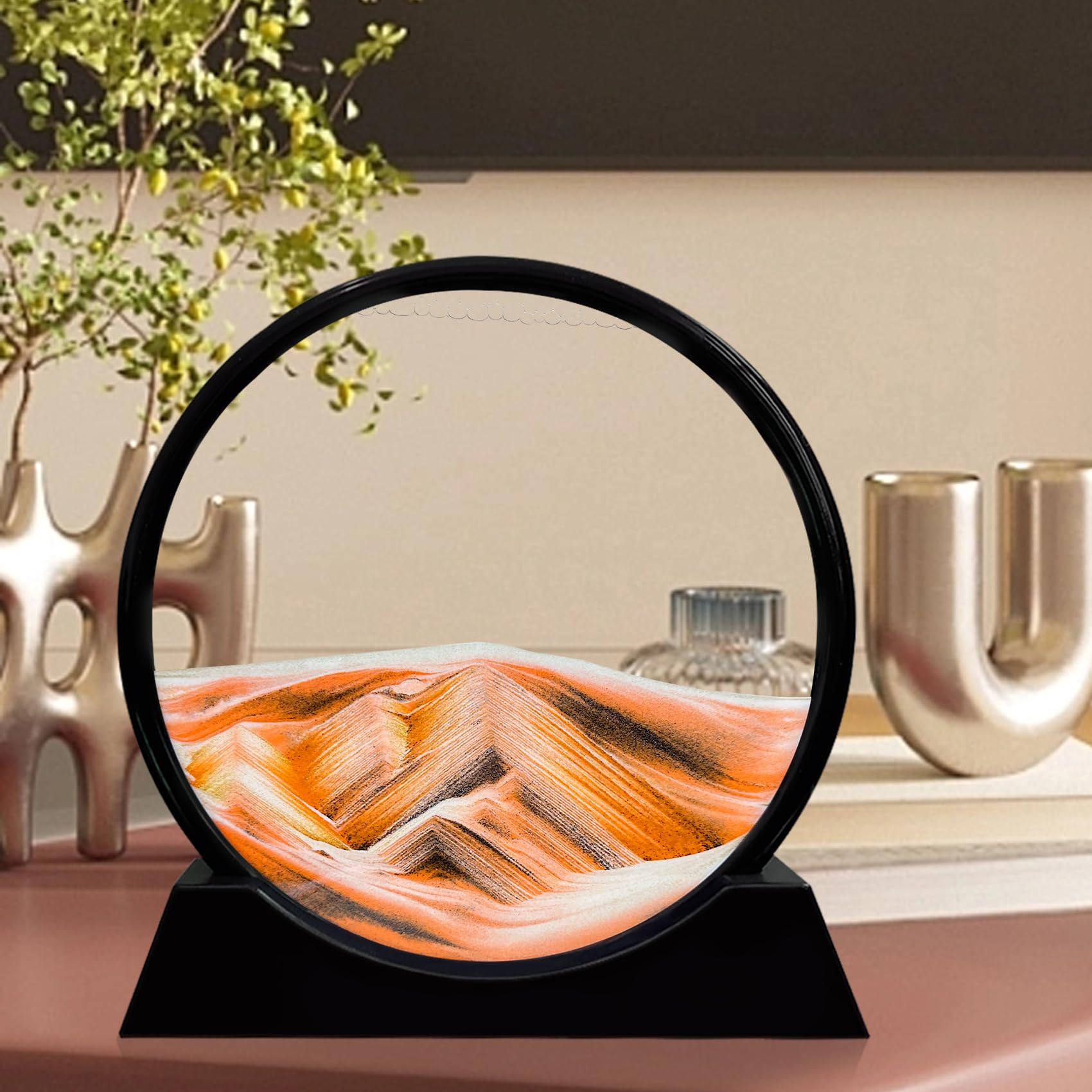 Laenshi 7-Inch Round Glass Moving Sand Art Picture - 3D Deep Sea Liquid Motion Sandscapes for Adults, Stress Relief & Relaxation | Desktop, Office, Home Decor (Orange) | Perfect for Meditation, Gifts, and Workspace Decoration