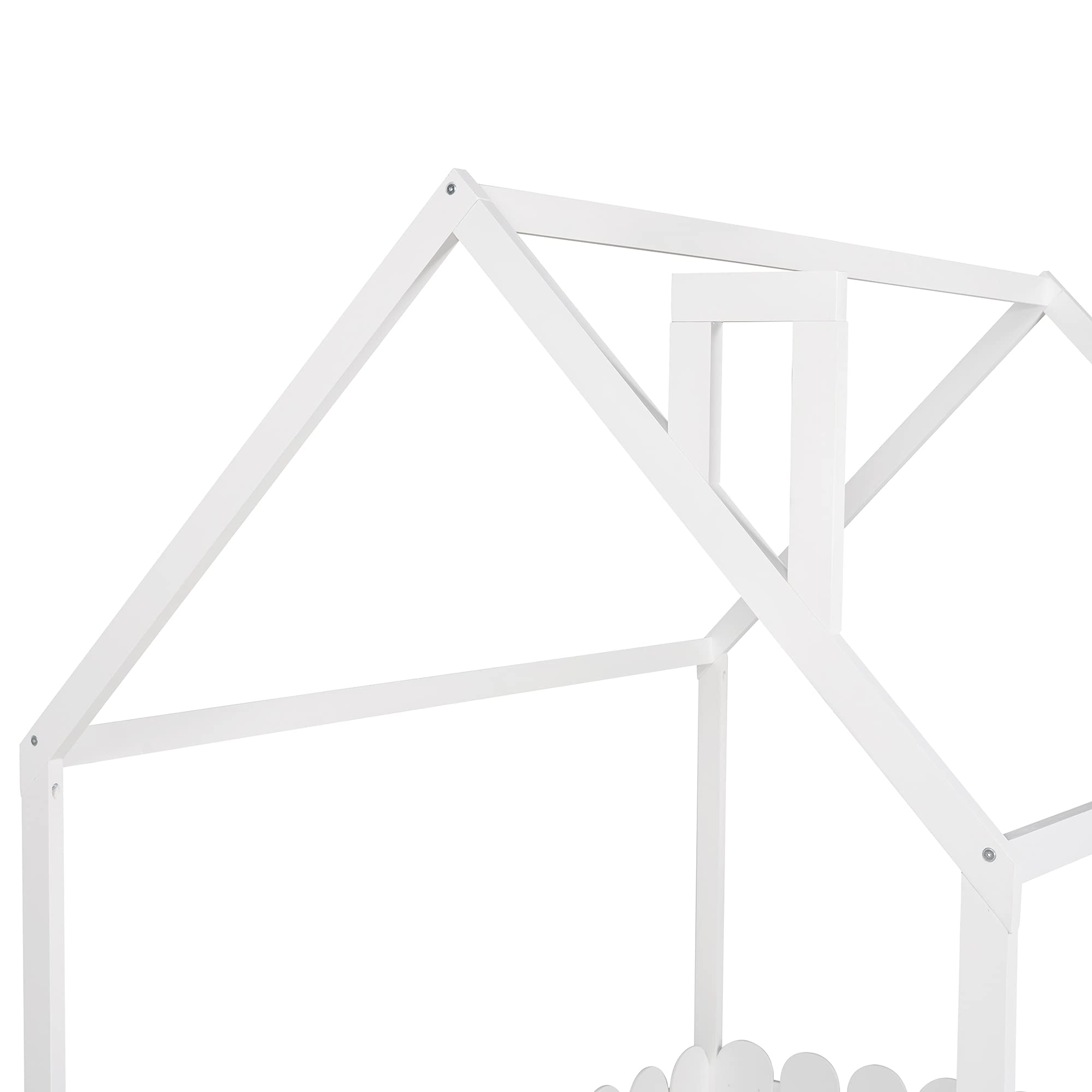 **Kids Wooden House Bed Frame with Fence & Roof - Twin Size Cabin Floor Bed, Play Tent & Nursery Furniture - Safe & Fun Playhouse for Toddlers (White) - Perfect for Bedrooms, Playrooms & Montessori Spaces**
