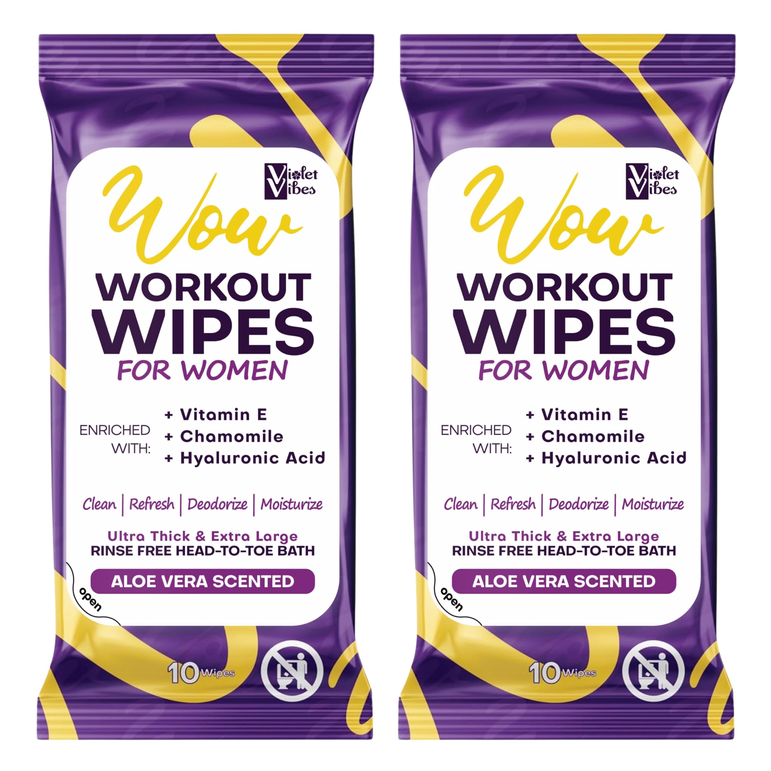 20 XL Post Workout Wipes for Women & Men with Aloe & Hyaluronic Acid | No-Rinse Moisturizing Body & Face Cleansing Wipes | Gym, Travel, Camping, Hiking Essentials | Violet Vibes Brand