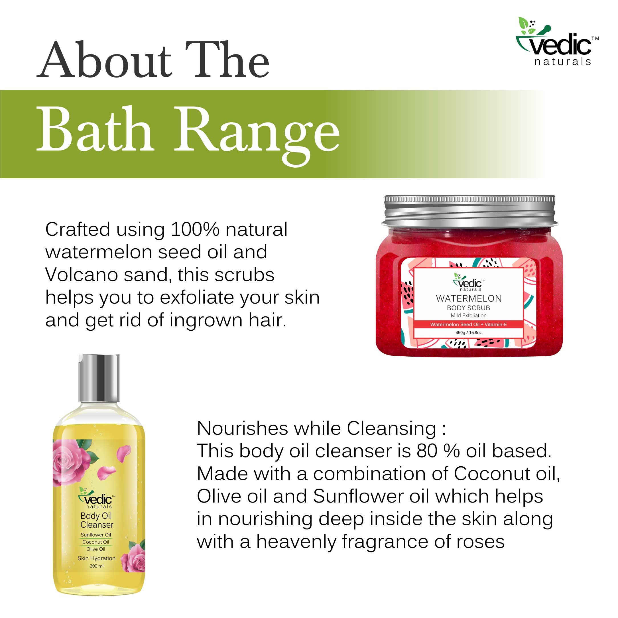 Vedic Naturals Organic Bath Gift Set - 2 Piece Watermelon Body Scrub & Body Oil Cleanser | 100% Natural Skincare for Spa Day & Relaxation | Perfect Self Care & Birthday Present