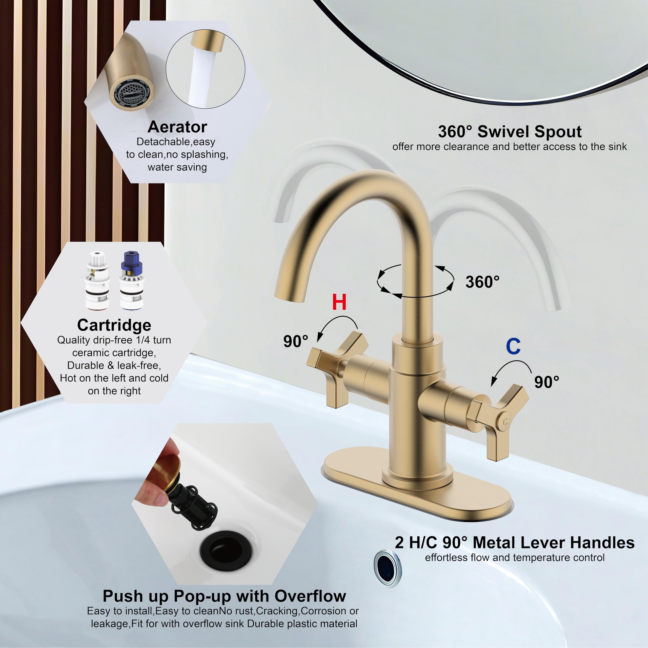 Elegant Brushed Gold Bathroom Faucet - Two-Handle Single Hole Bathroom Sink Faucet with Water Supply Line for Vanity & Lavatory (Model F-0081-CS) - Perfect for Modern Home, Hotel, and Apartment Bathroom Renovations