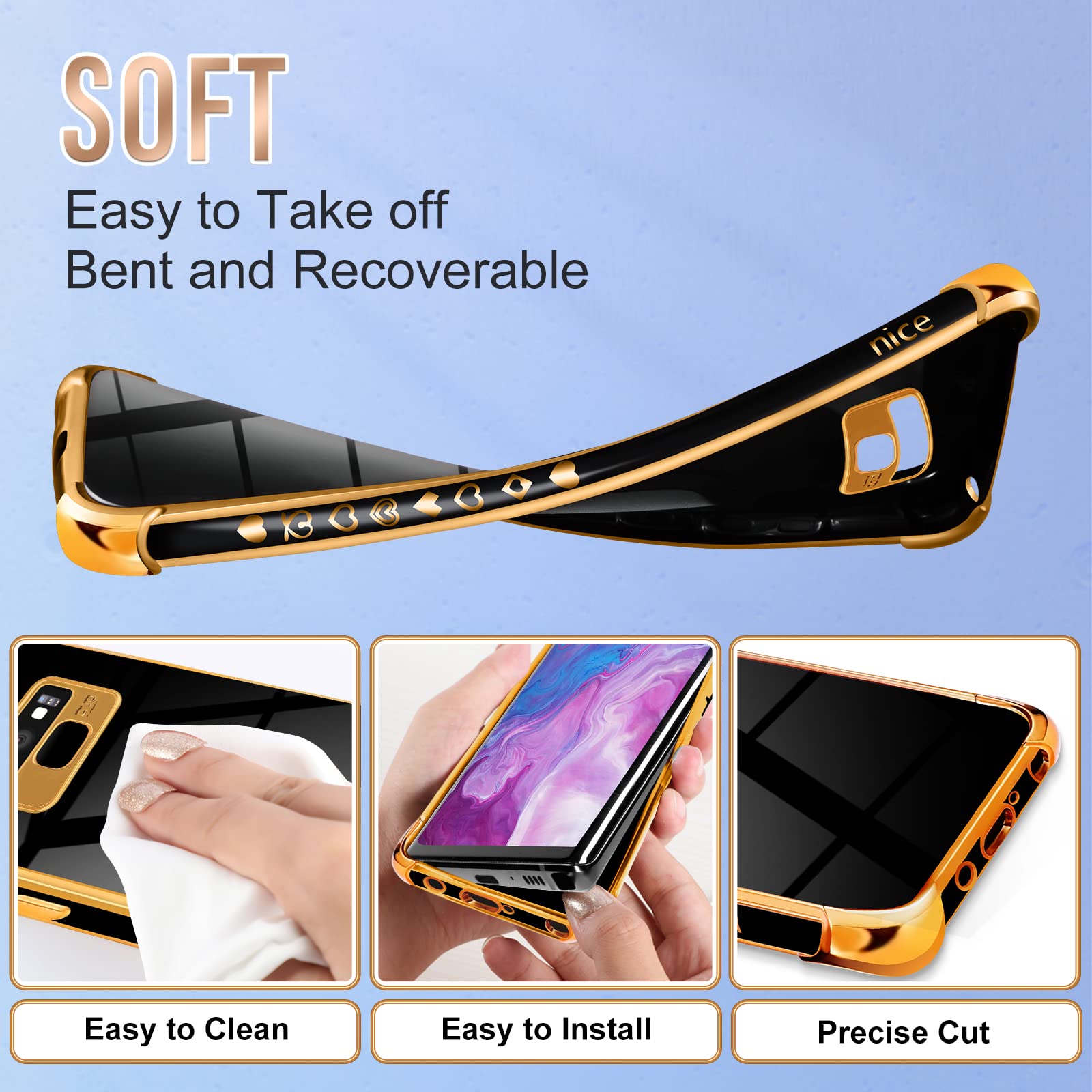 2in1 Luxury Samsung Galaxy Note 9 Case with Screen Protector & Chain - Elegant Black & Gold Plating Heart Design for Women & Girls | Trendy Aesthetic Protection for 6.4
