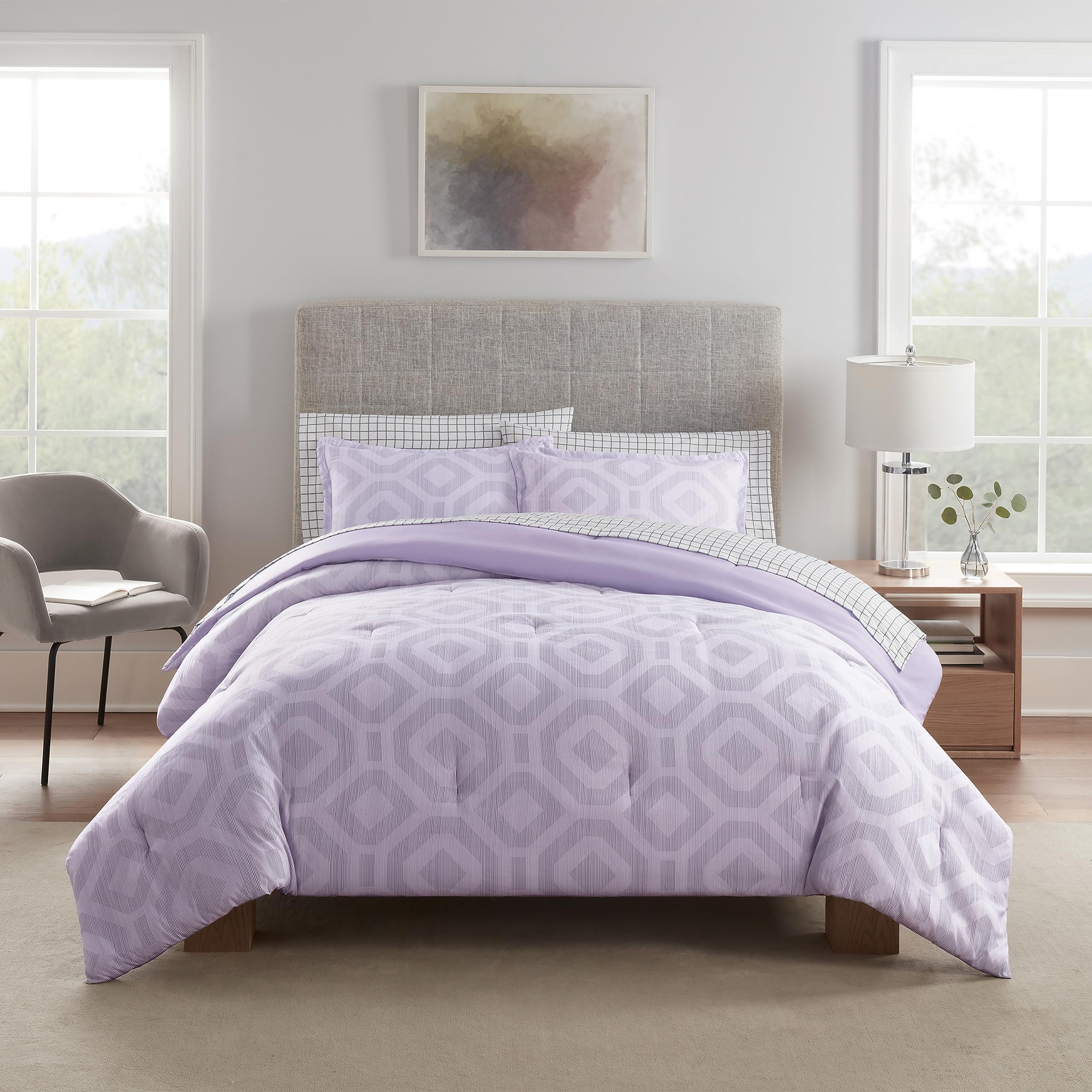 Serta Simply Clean Skyler Soft 5-Piece Geometric Bed in a Bag Complete Bedding Set - All-Season Comforter with Sheets & Pillowcases for Twin/Twin XL Beds - Lavender Floral Design | Perfect for Guest Rooms, Dorms & Cozy Bedroom Decor