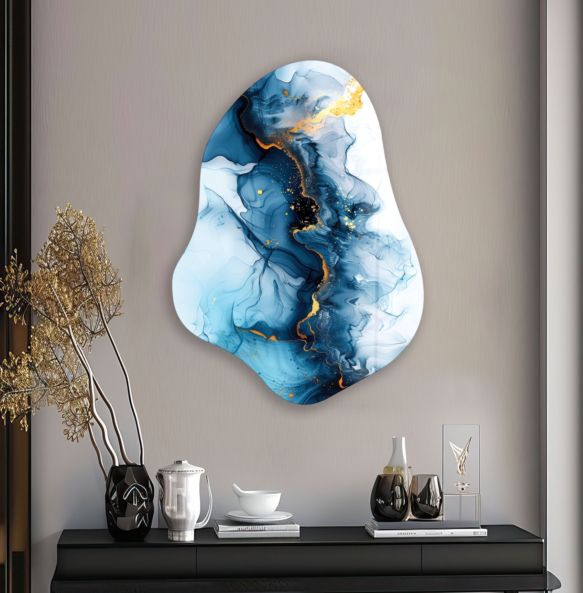 Abstract Blue Alcohol Ink Irregular Glass Wall Art - Handmade Modern Home Decor for Living Room, Bedroom, Office | Unique Gift Idea for Housewarming & Interior Design