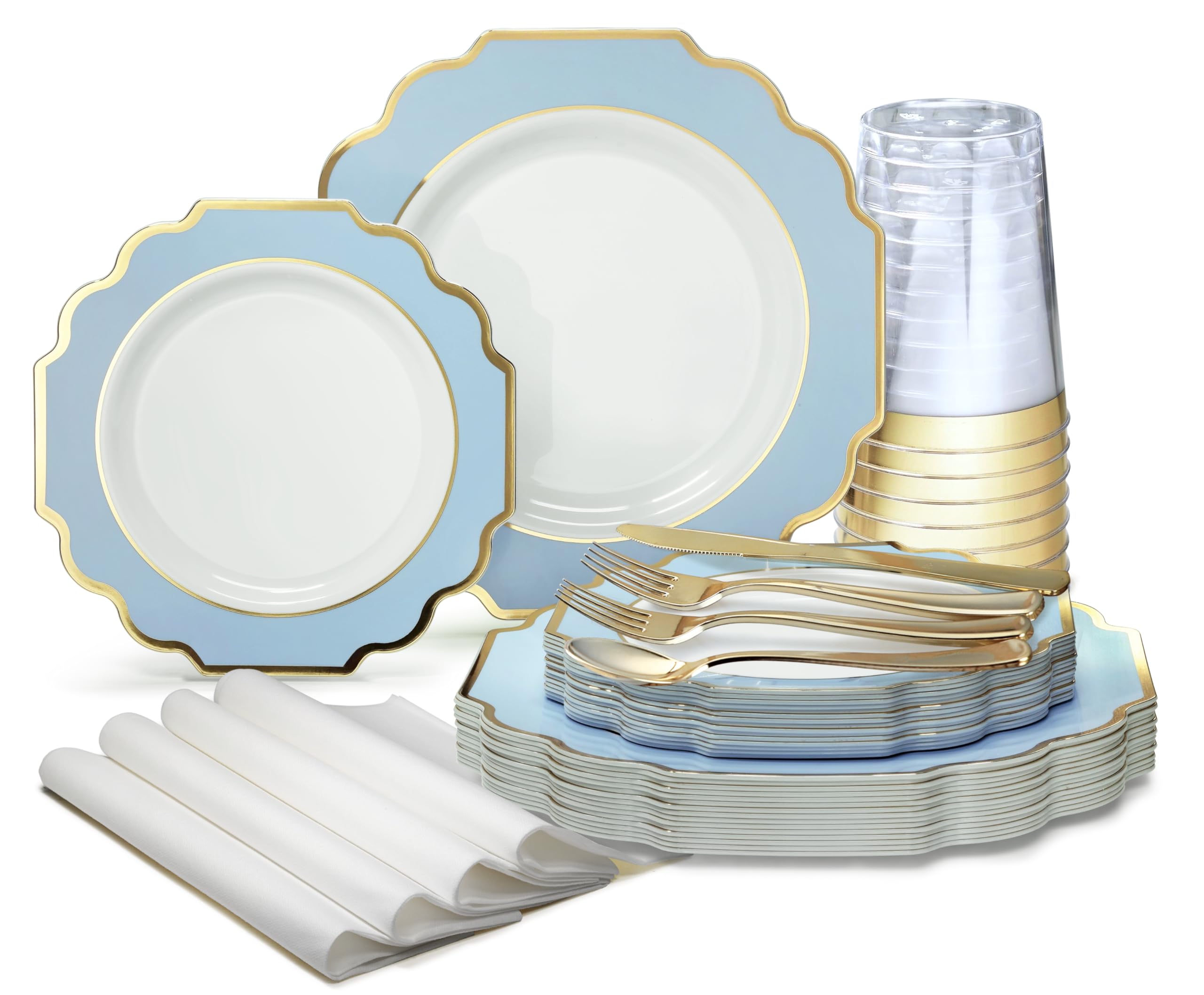 640-Piece Heavyweight Disposable Plastic Plate Set for 80 Guests - 10.5'' & 8'' Plates, Silverware, Cups & Napkins - Elegant White, Blue & Gold Wedding Party Dinnerware | Perfect for Weddings, Bridal Showers & Formal Events