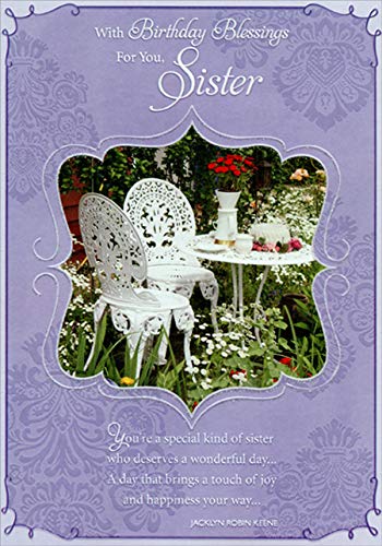 Elegant White Table and Chairs in Lush Garden Purple Birthday Card for Sister - Perfect for Birthday Wishes, Sister's Day & Special Occasions