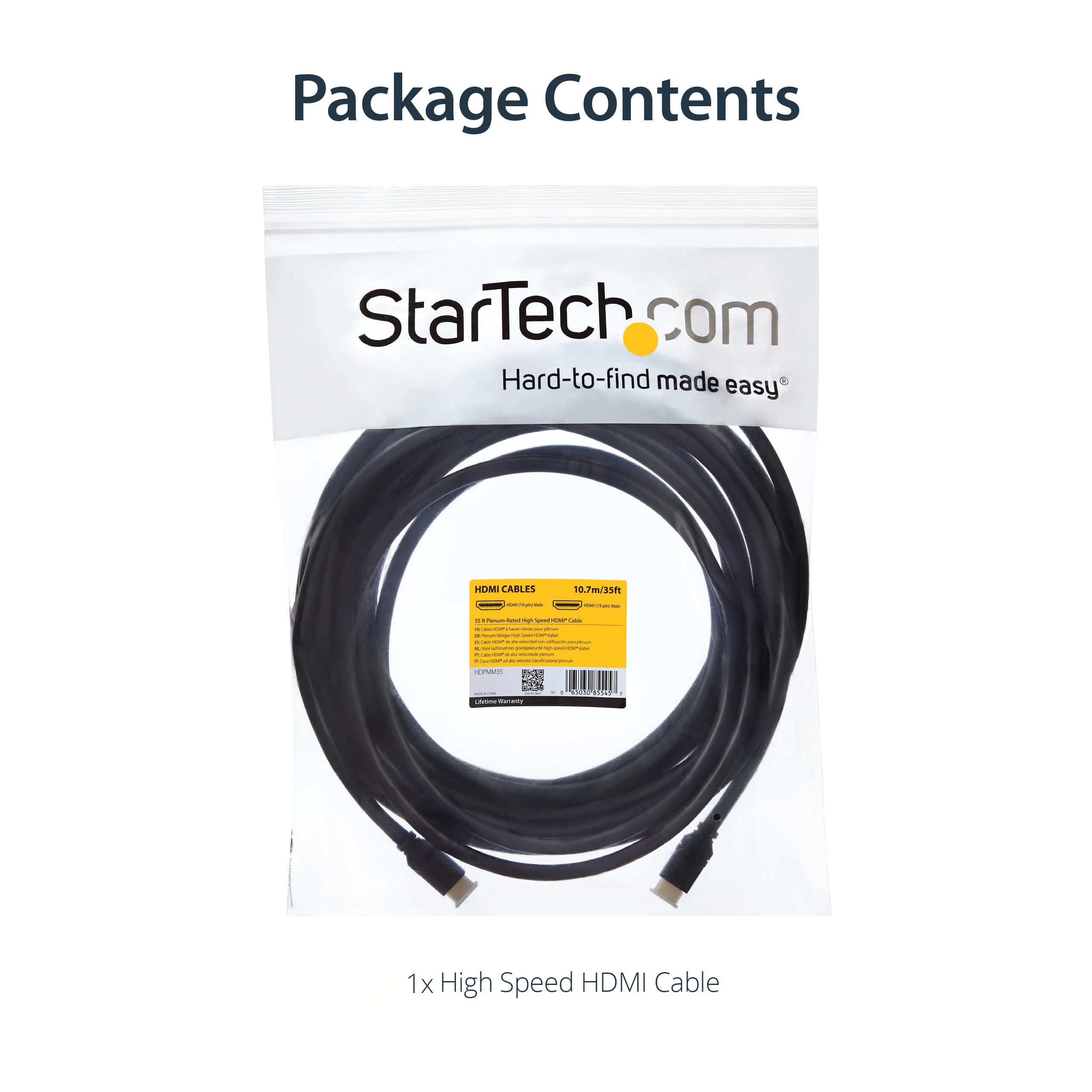 StarTech.com 35ft Plenum Rated HDMI Cable - 4K High Speed HDMI Cord with Ethernet, 4K30 UHD, 10.2Gbps, HDCP 1.4, In-Wall Plenum HDMI 1.4 Display Cable for Home Theater, Gaming, PC to TV & Office Presentations (HDPMM35)