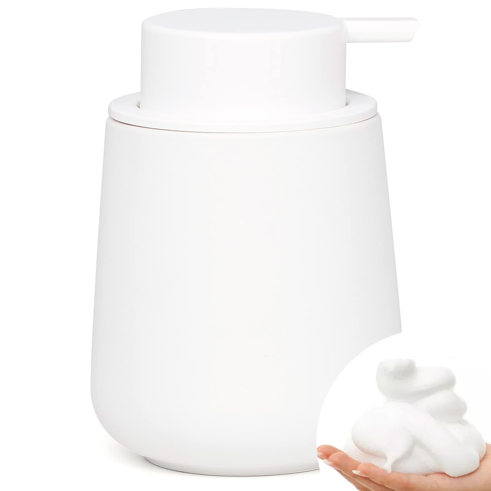BosilunLife 12 oz Foam Soap Dispenser - White Ceramic Hand Wash & Dish Soap Pump for Bathroom & Kitchen | Non-Slip Rubber Paint Design | Perfect for Sink Countertops, Vanities, and Home Decor