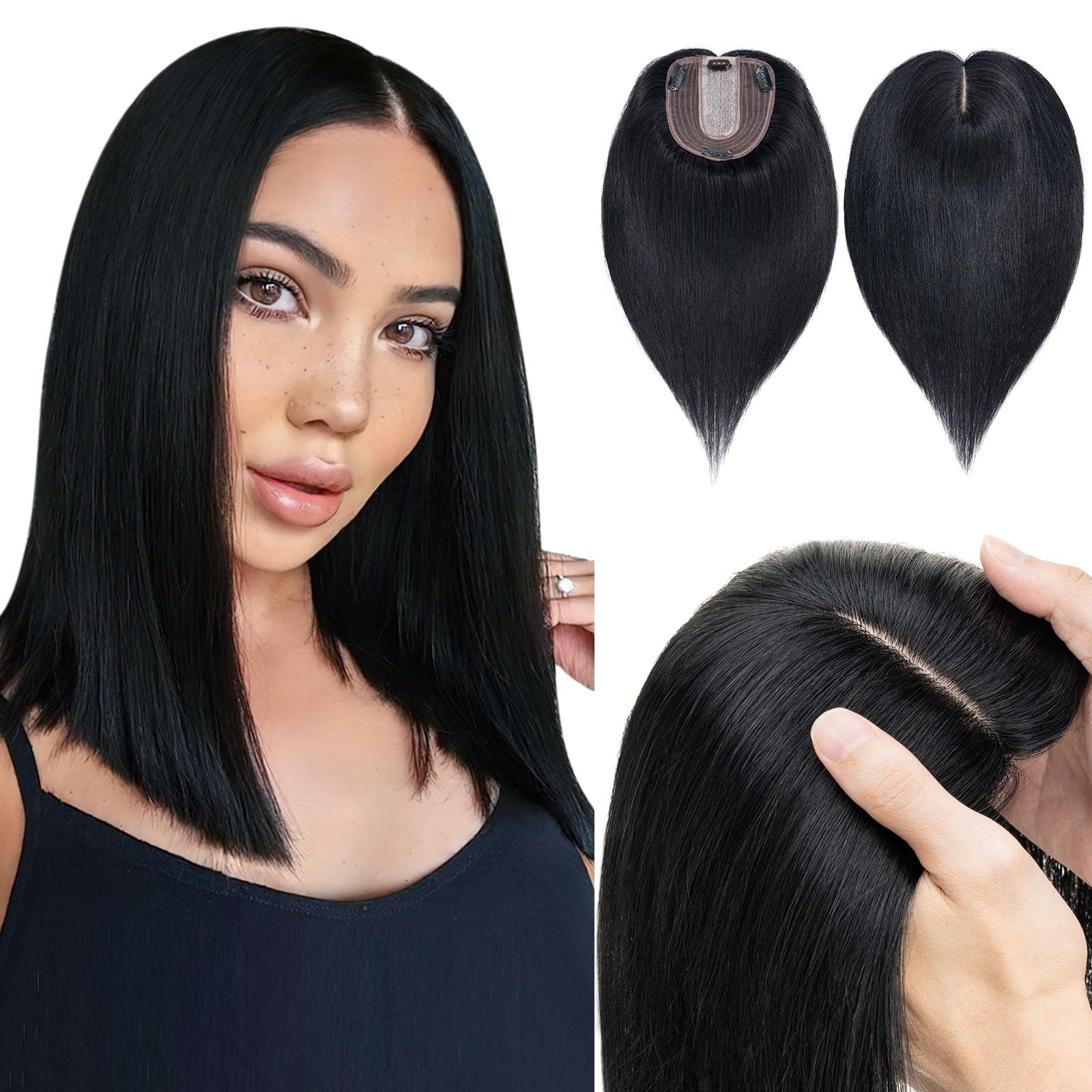 100% Real Human Hair Topper for Women - 18 Inch Jet Black Hairpiece with 4