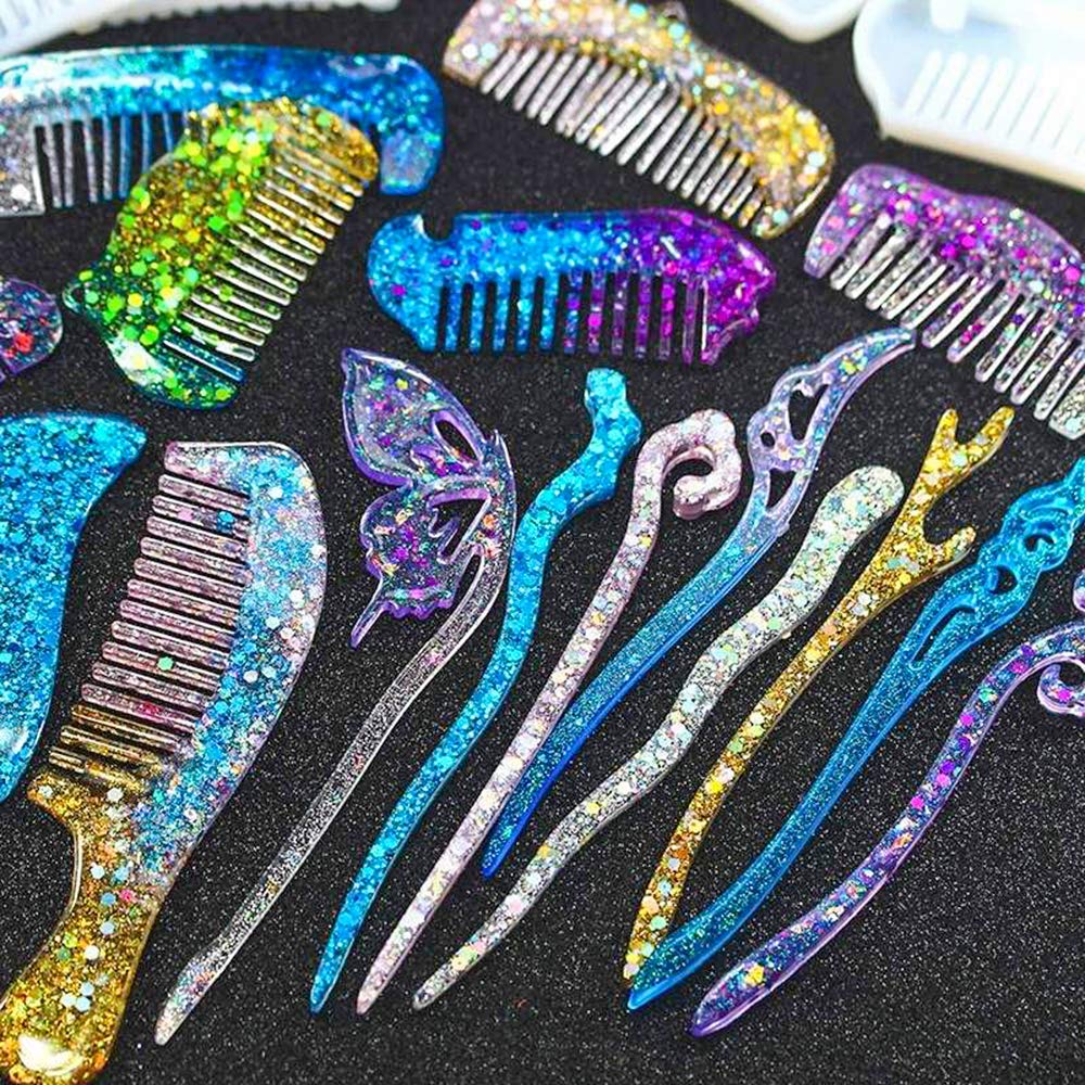 8PCS Hairpin Molds + 2PCS Comb Resin Molds Set - Silicone Jewelry Making Kit for DIY Hair Accessories, Epoxy Resin Casting, Handmade Crafts - Perfect for Bridal Hairpins, Gifts & Creative Projects