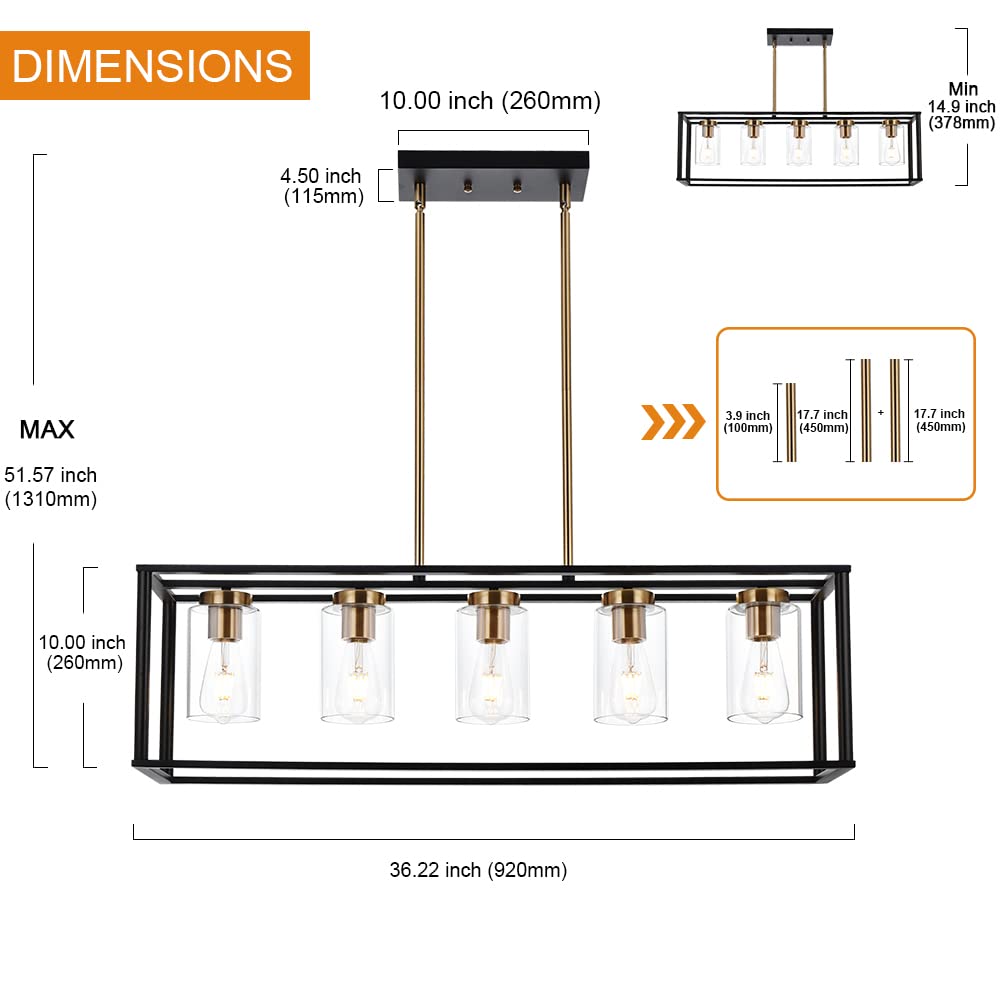 VINLUZ 5-Light Farmhouse Chandelier with Clear Glass Shade - Black & Brushed Brass Rectangular Pendant Light for Kitchen Island, Dining Room, and Industrial Ceiling Lighting | Perfect for Modern Farmhouse, Rustic, and Industrial Style Home Decor