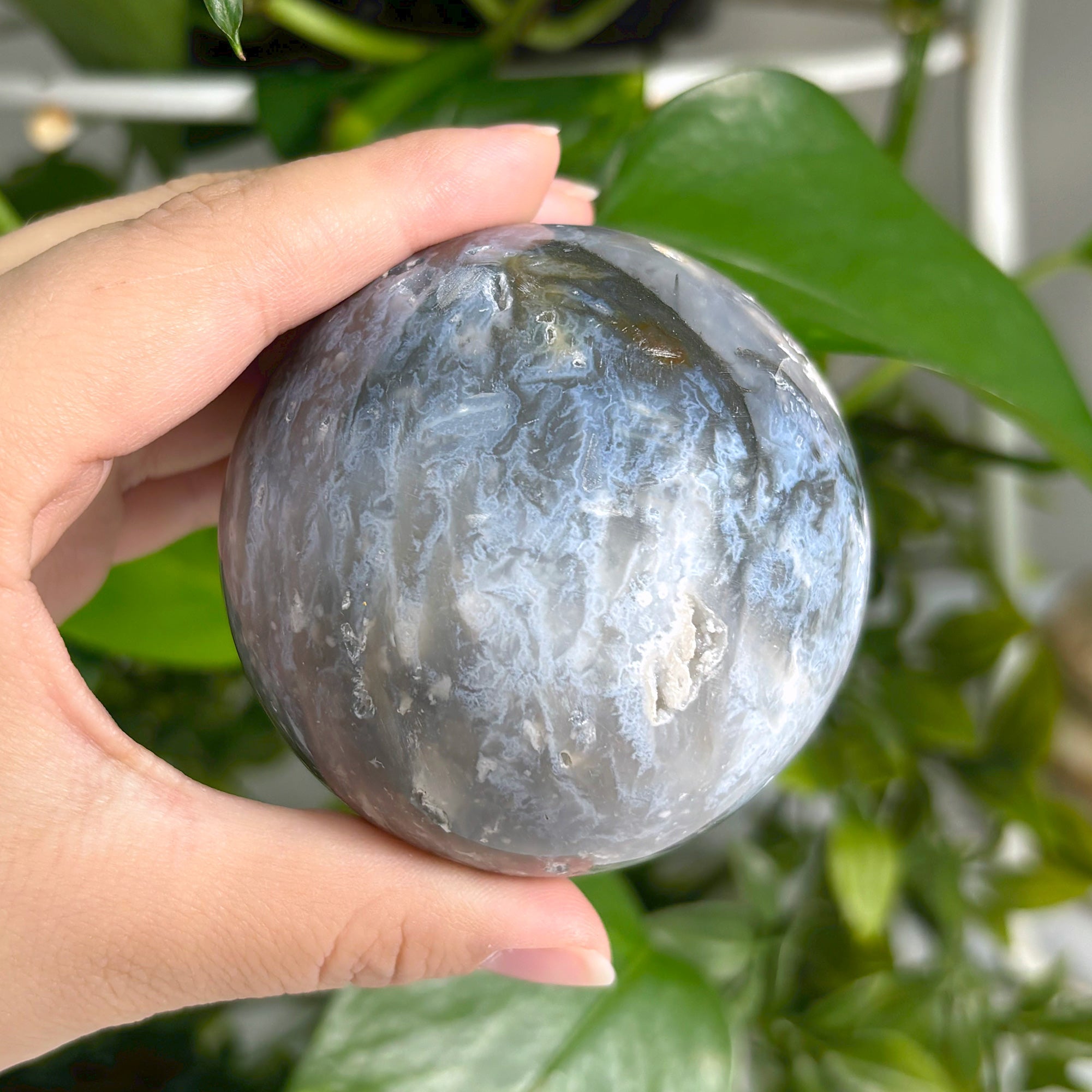 Polished Plume Agate Sphere - Natural Stone Decor Ball with Unique Patterns for Home Office Display, Mineral Specimen for Collectors | Feng Shui Decor, Meditation Stone, Gift Idea