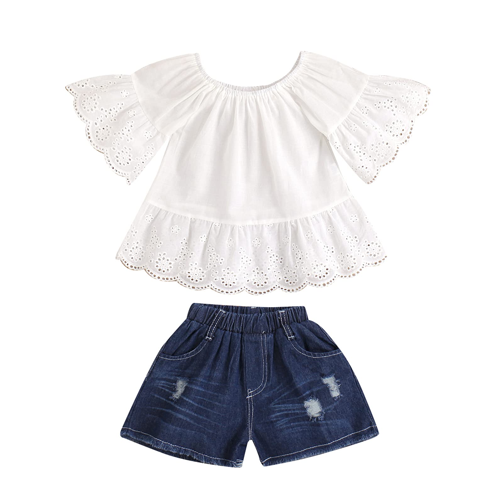Girls Denim Shorts Set with Ruffled Sleeve Lace Top - Cute Summer Outfit for Toddlers | Playdates, Beach Trips & Outdoor Adventures