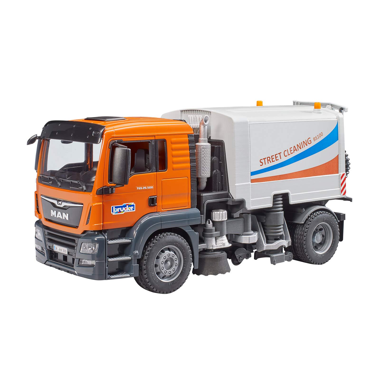 Bruder Toys MAN TGS Street Sweeper Truck - Realistic Commercial Vehicle with Opening Doors, Adjustable Brushes & Flexible Hose - Educational Construction Toy for Kids Ages 4+ - Perfect for Pretend Play, Construction Theme Parties & STEM Learning