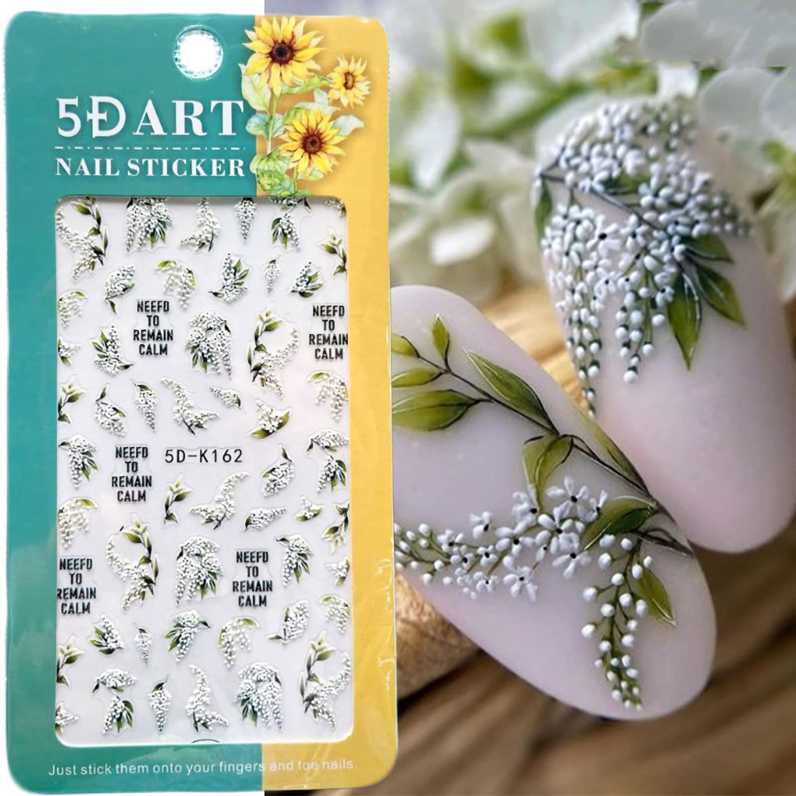 5D White Flower Nail Stickers - Summer Self-Adhesive Leaf Nail Decals for Nail Art, Green Leaves & Embossed Lily Floral Nail Accessories | Perfect for DIY Nail Designs, Bridal Manicures, and Summer Nail Art Decorations