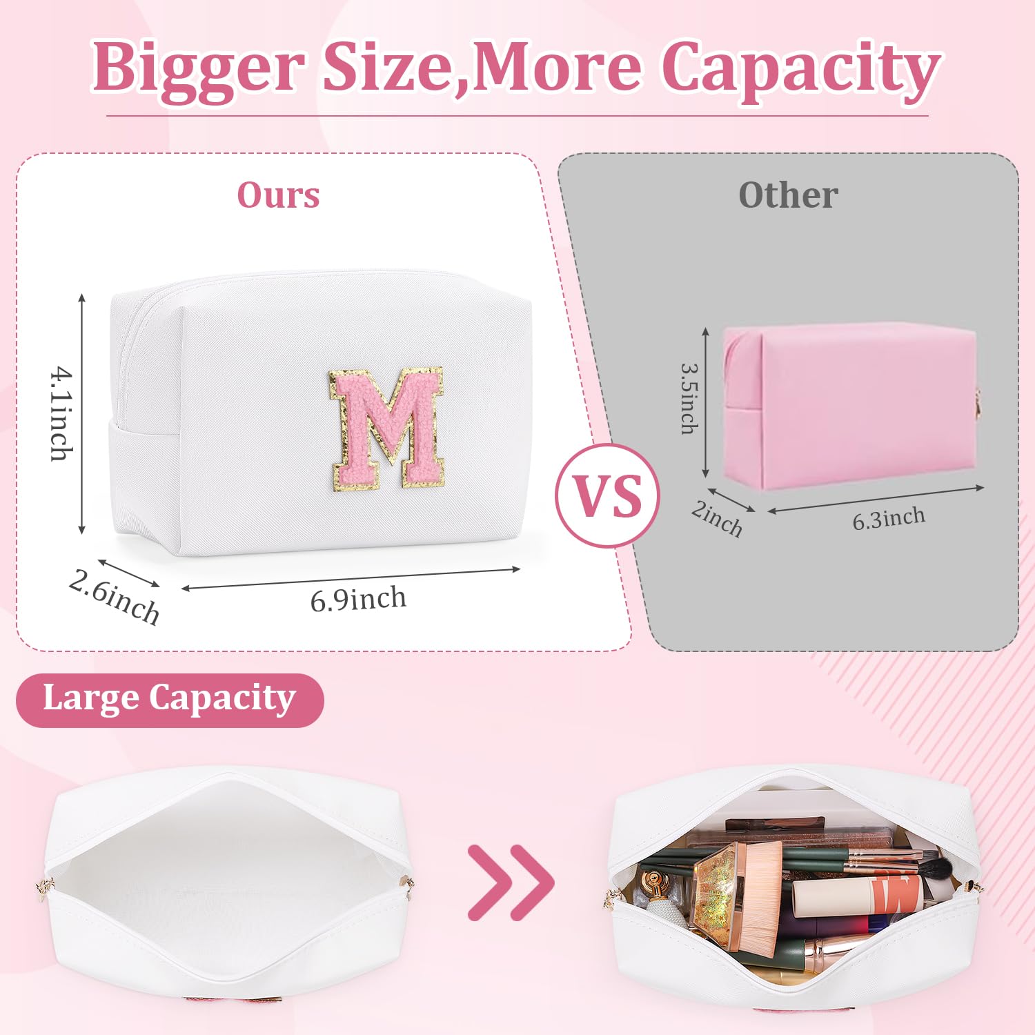 Personalized Initial Letter Makeup Bag for Women - Cute Waterproof PU Leather Cosmetic Bag, Travel Toiletry Organizer with Zipper (A, White) - Perfect for Travel, Gym & Daily Makeup Storage