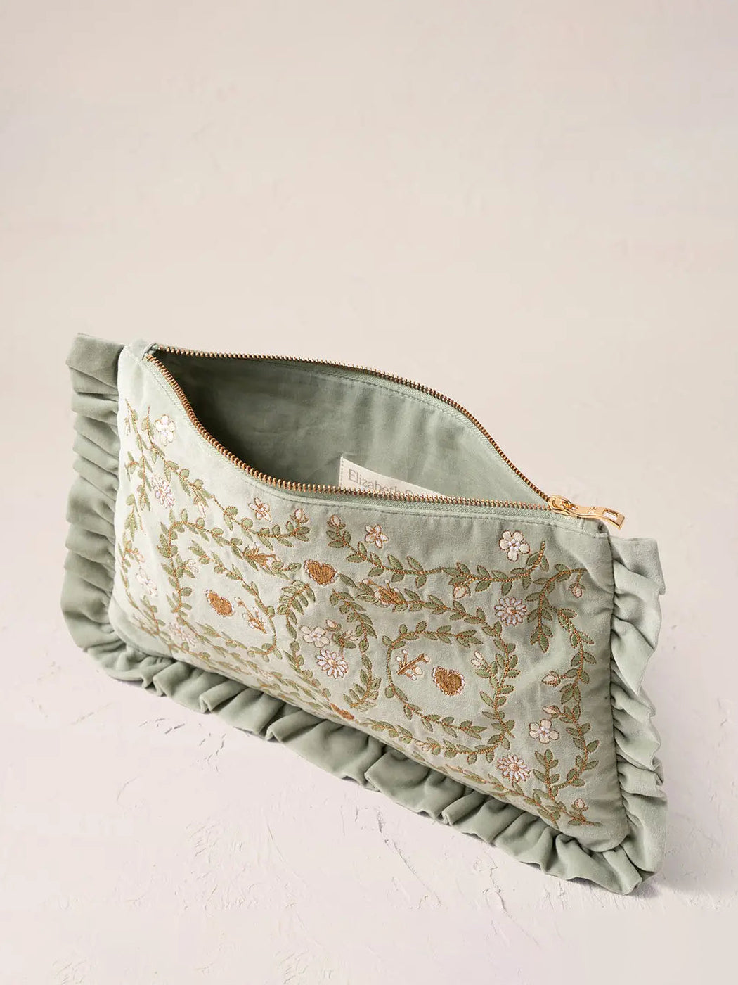 Elizabeth Scarlett Cotton Frill Everyday Pouch - Sage Mediterranean Garden - Perfect for Makeup, Jewelry & Travel Essentials Storage