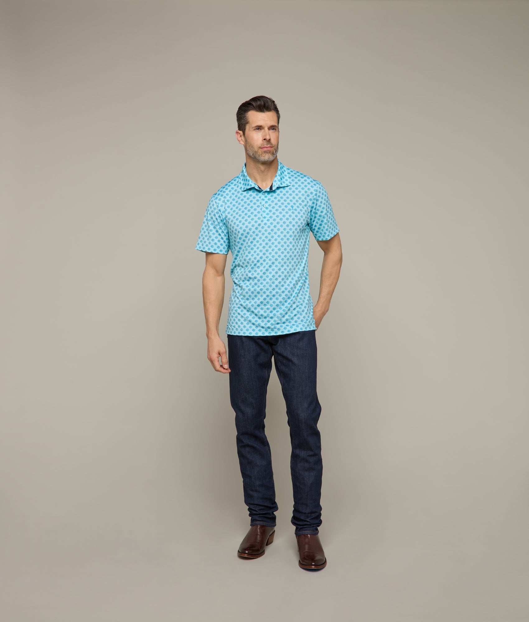 Lucchese Men's Golf Polo Shirt - Blue Cactus Print, Moisture-Wicking Performance Fabric for Comfort on the Golf Course & Casual Wear