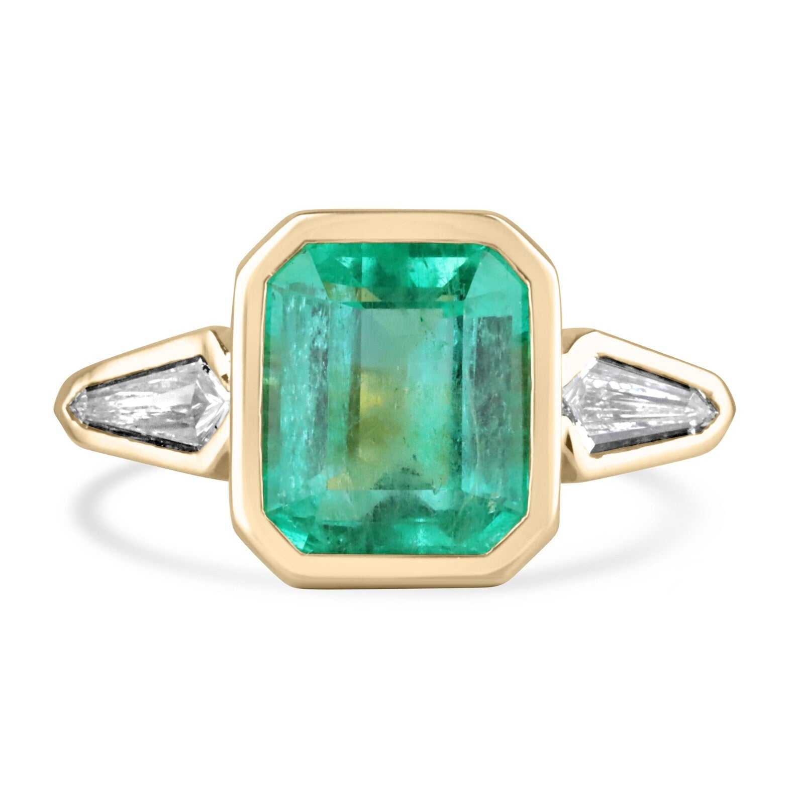 7.49tcw Colombian Emerald & Kite Diamond Three Stone Ring in 18K Gold Bezel Setting - Perfect for Engagement, Anniversary & Special Occasion Jewelry Gifts
