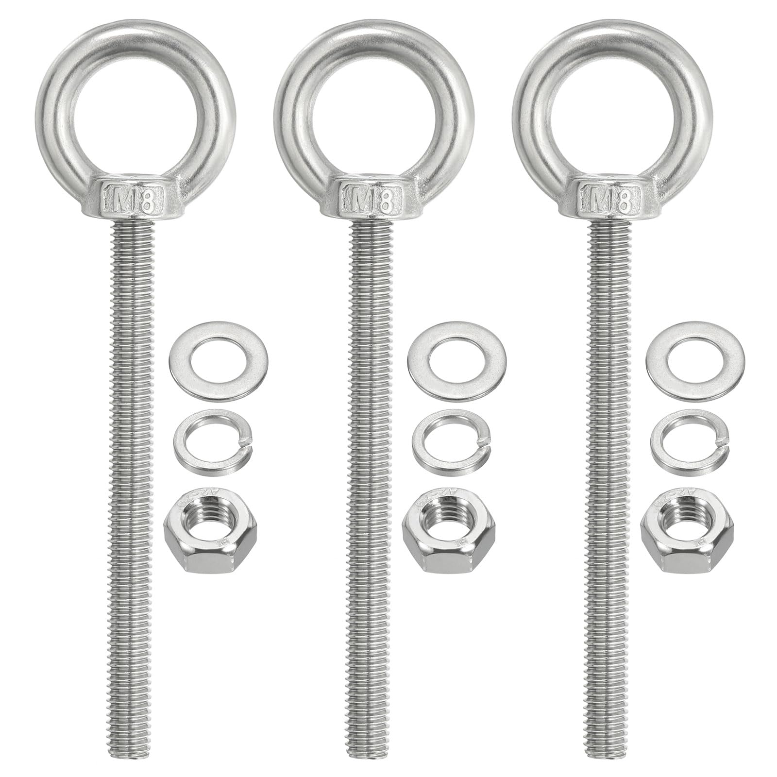 PATIKIL 3Pcs M8 x 120mm 304 Stainless Steel Lifting Shoulder Eye Bolt with Nuts & Washers - Heavy Duty Threaded Eyebolt for Hammocks, Hanging Decor, Marine & Industrial Use