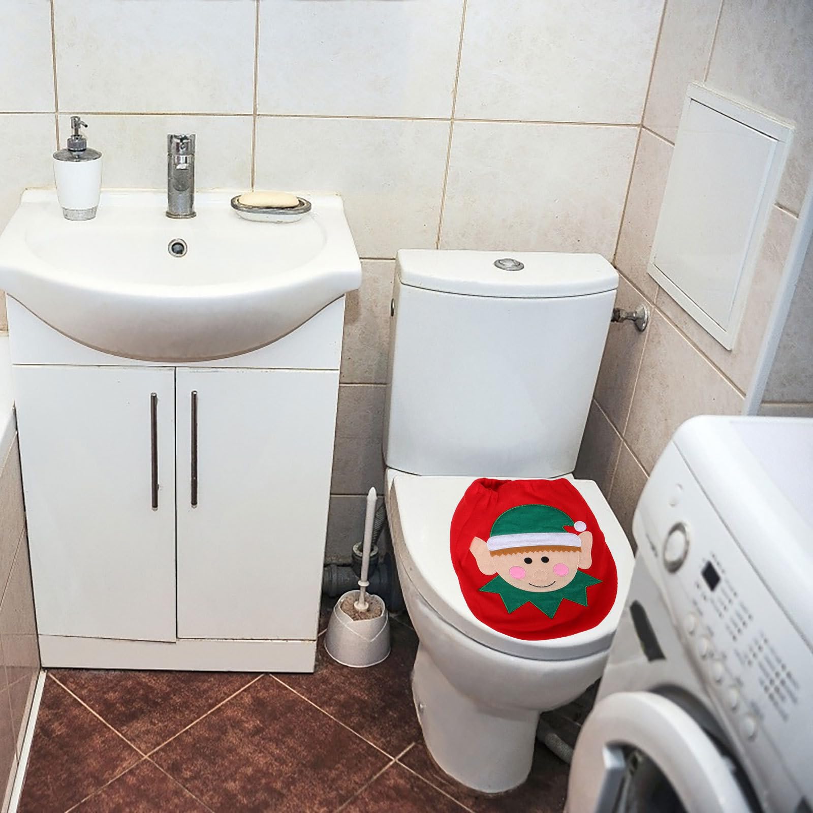 3-Piece Christmas Toilet Cover and Bathroom Rug Set - Funny Elf Design Holiday Decor with Toilet Lid Cover, Floor Mat & Tank Cover - Perfect for Home, Hotel & Holiday Party Decorations (Festive Bathroom Decor for Christmas Parties & Family Gatherings)