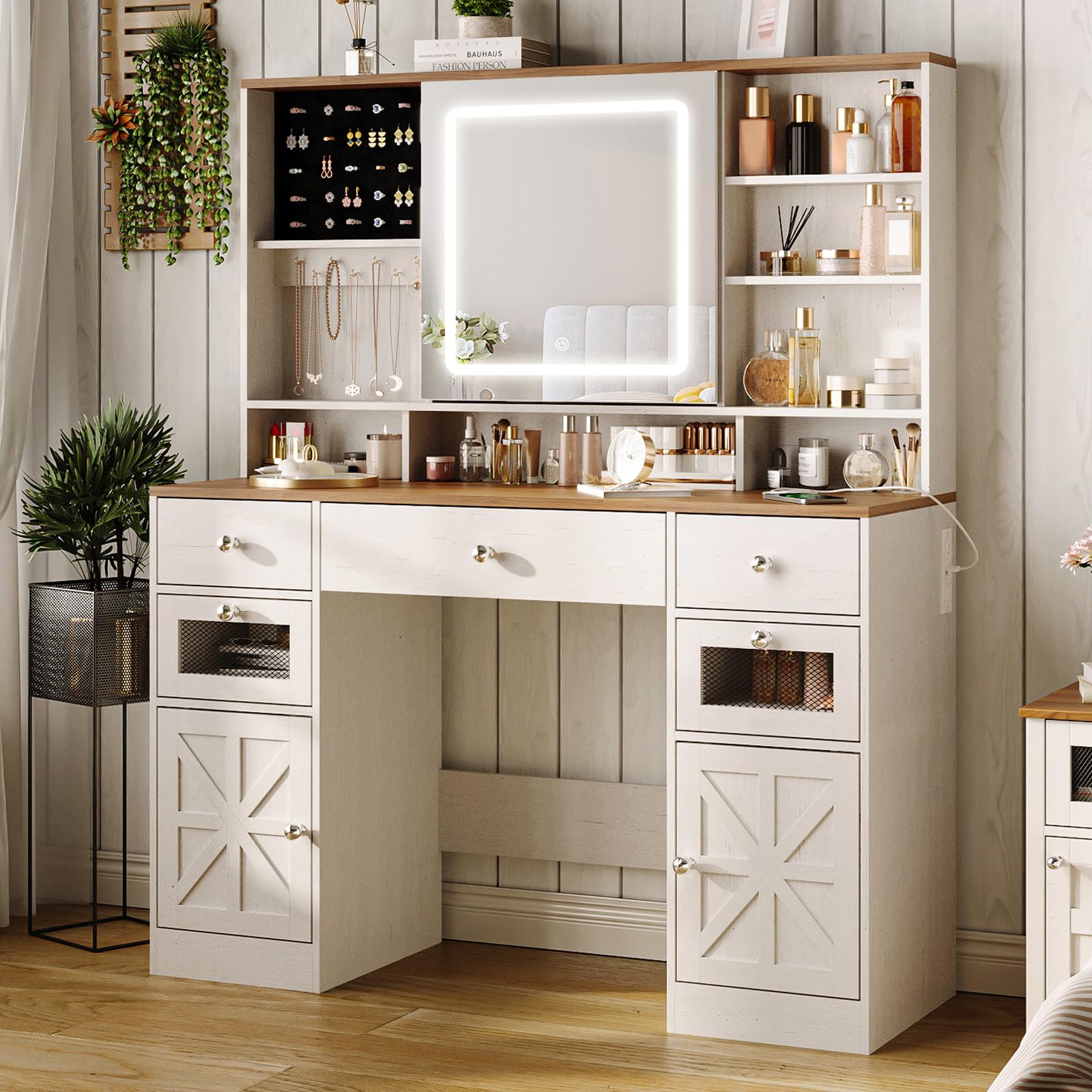Farmhouse Vanity Desk with Mirror & LED Lights - White Makeup Dressing Table with 5 Drawers, Hidden Storage & USB Charging Station - Rustic Large Bedroom Vanity with Shelves for Cosmetics & Jewelry Organization - Perfect for Master Bedroom, Guest Room & Dressing Area