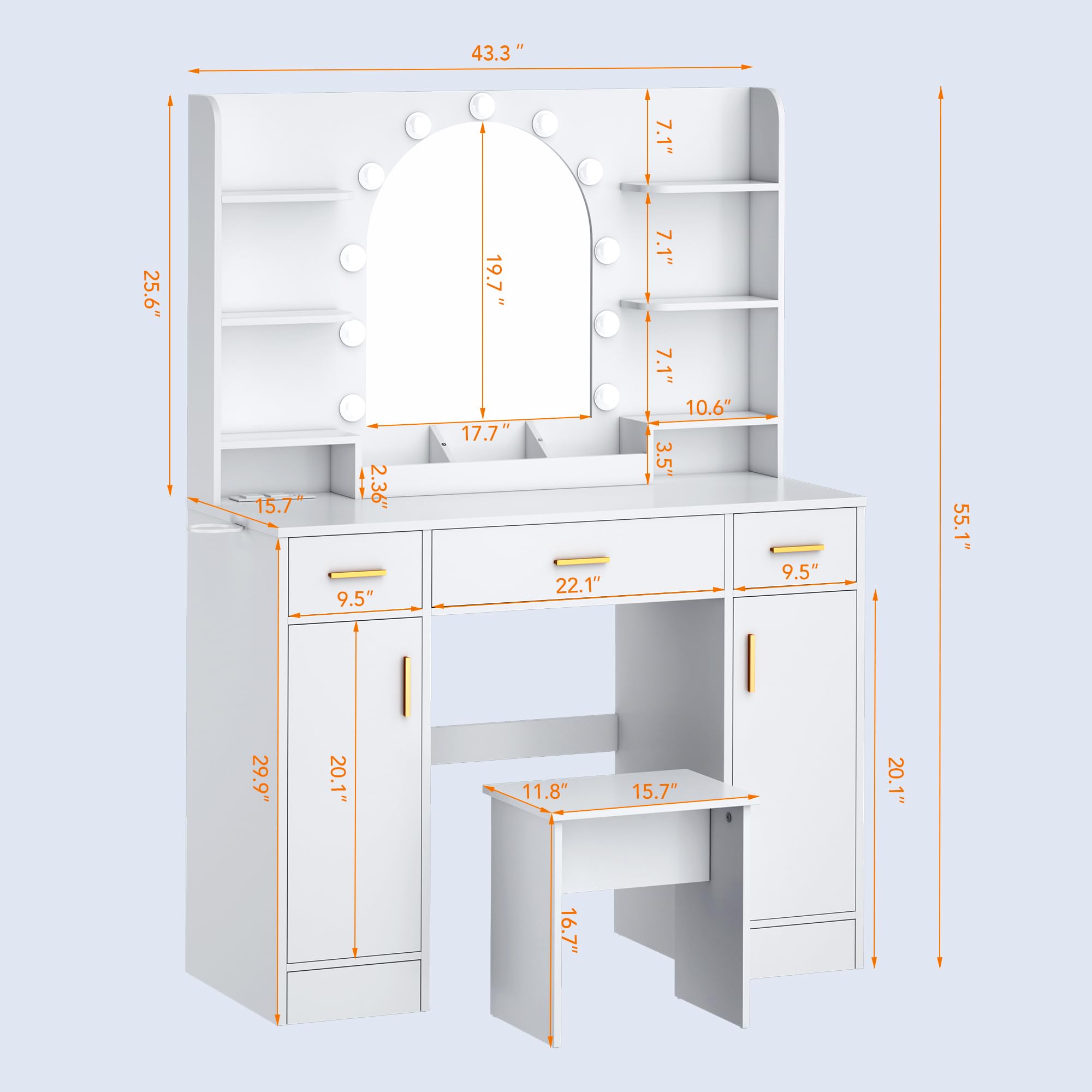 Vanity Desk with Mirror & 11 LED Lights - White Makeup Vanity Table Set with Chair, 5 Drawers, 3 Lighting Modes & 5 Brightness Levels - Dressing Table for Bedroom, Home Decor & Beauty Room Organization