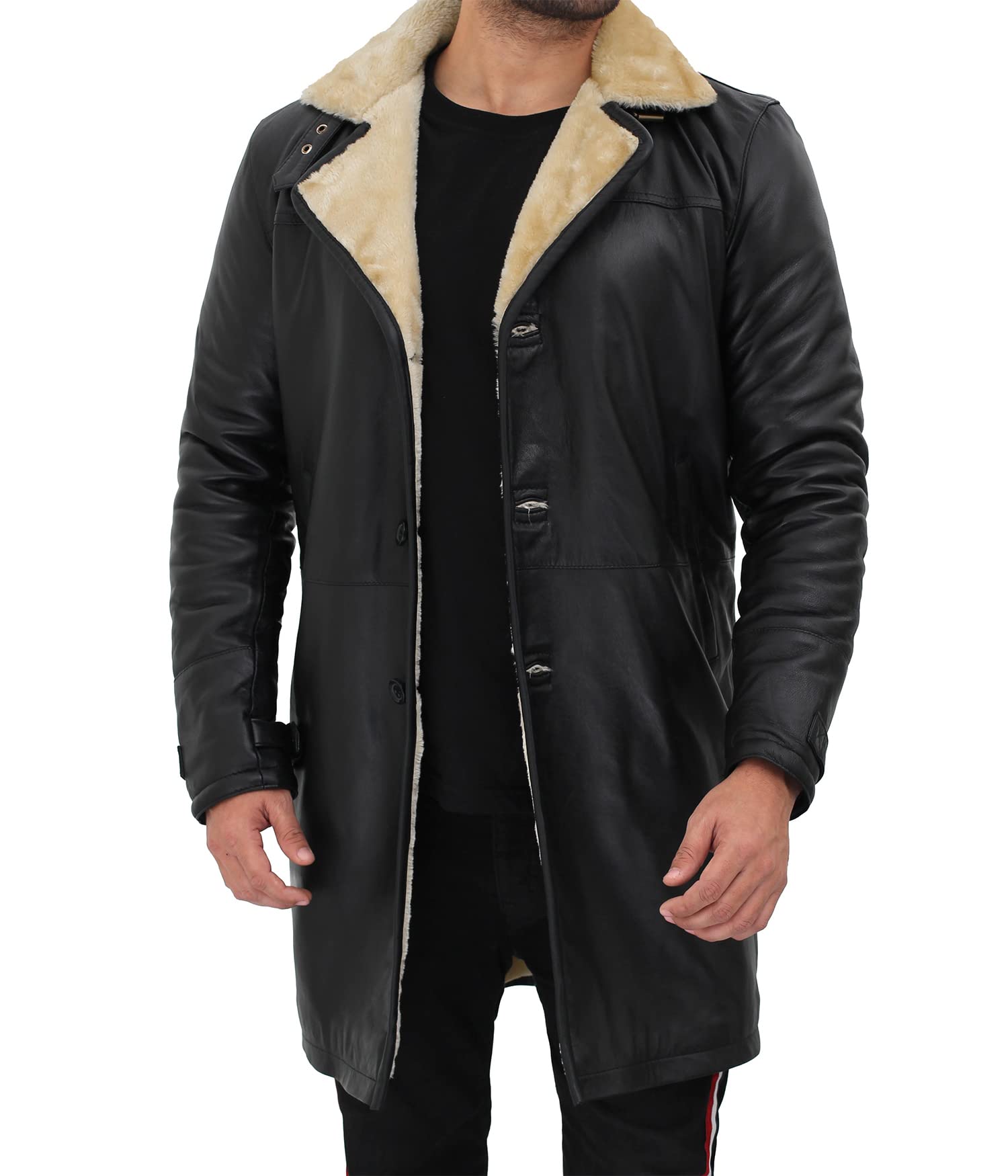 Blingsoul Men's Black Trench Coat - Winter Shearling Lined Long Leather Jacket for Men | Warm Winter Outerwear for Business & Casual Wear