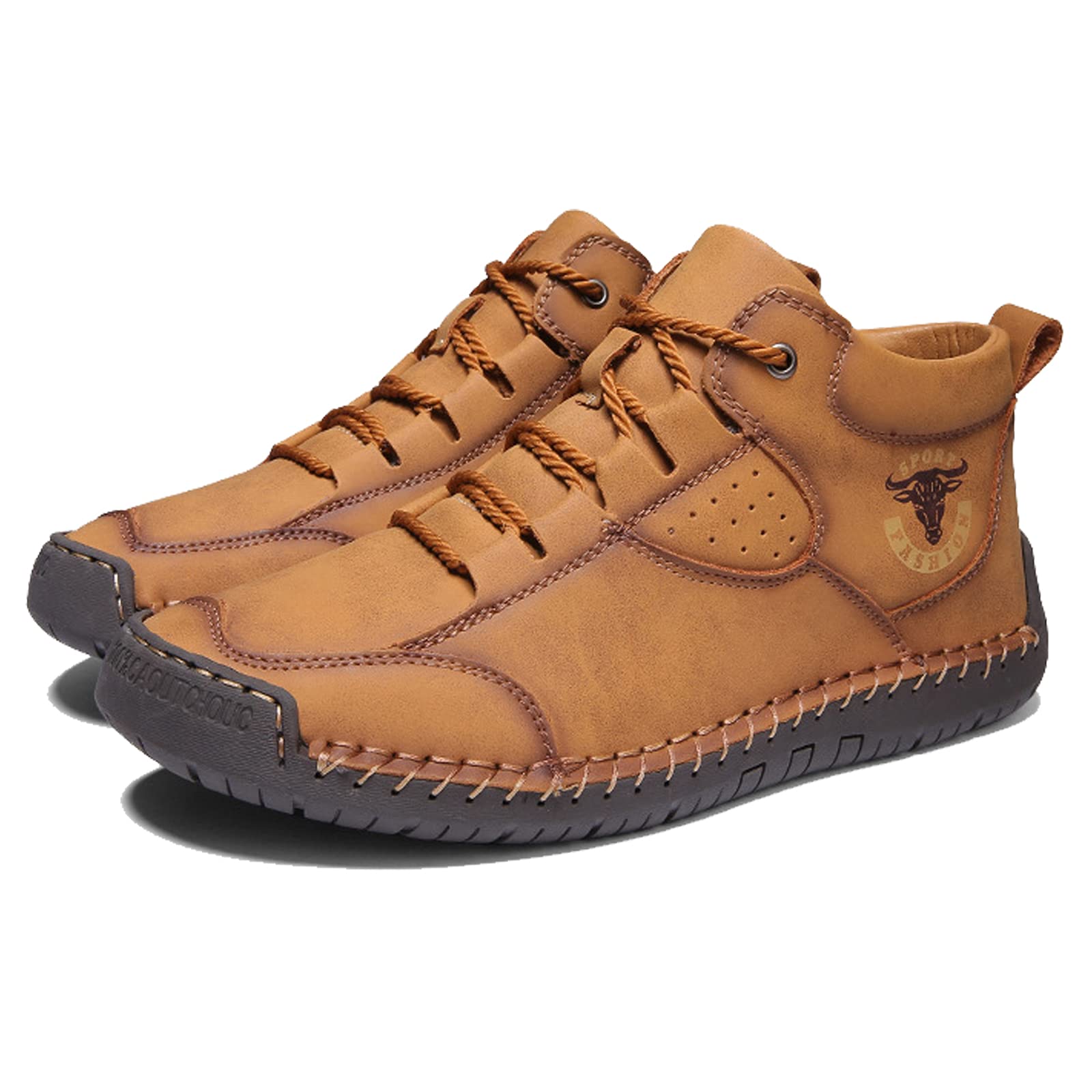 Men's Casual Leather Hiking Boots - Non-Slip Outdoor Work Shoes, Large Size Brown Tooling Boots (US 27.5) for Walking, Hunting & Construction Work