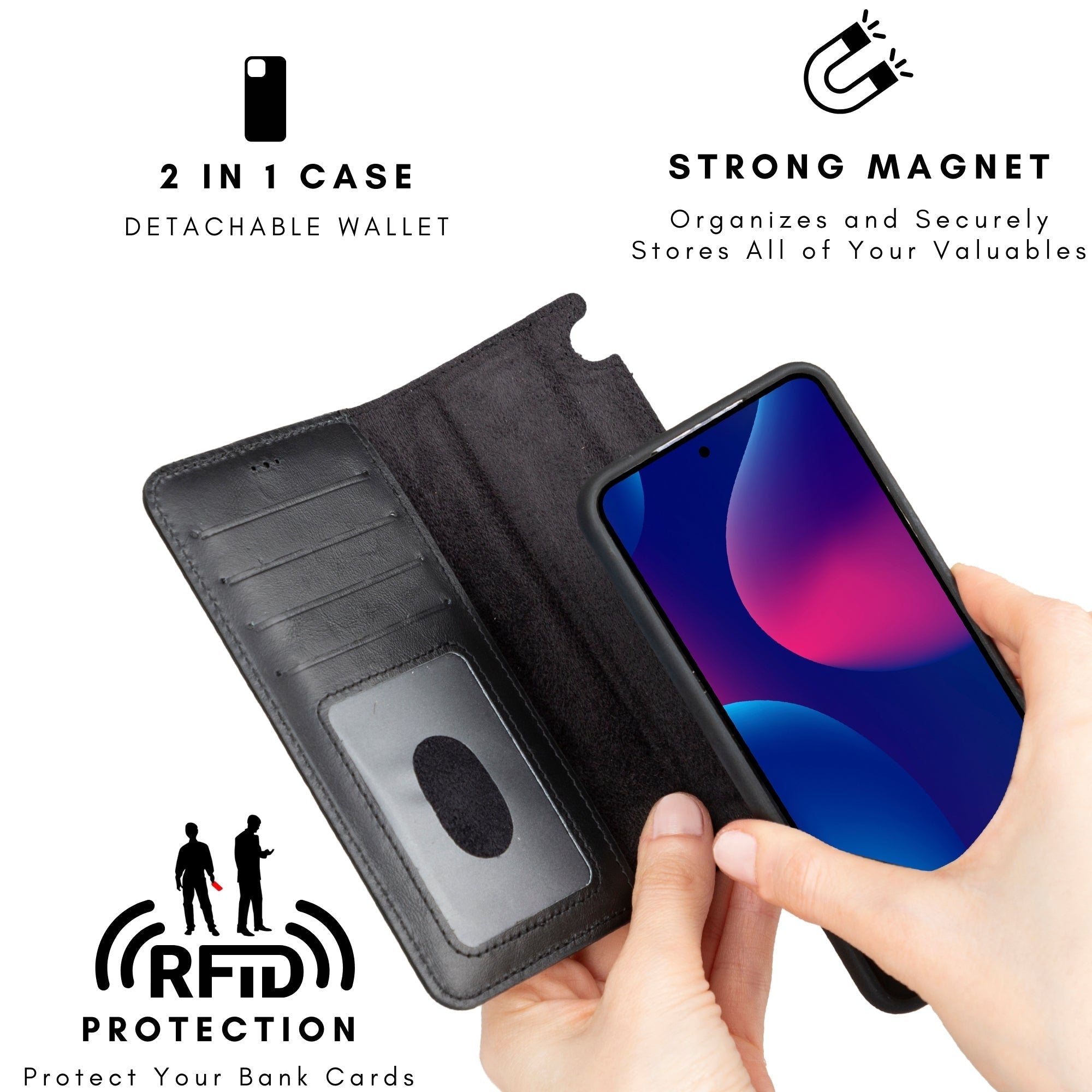 Premium Buffalo Leather Wallet Case for Samsung Galaxy S24 - Detachable Magnetic Cover with Card Slots | Perfect for Business Travel & Everyday Protection