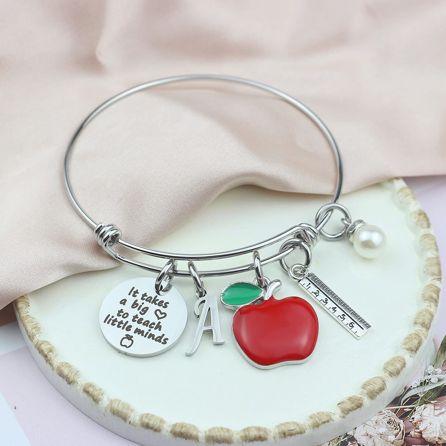 Scwasen Initial Teacher Bracelet for Women - Heart Shaped Teacher Appreciation Gift with Inspirational Quote 'It Takes a Big Heart to Teach Little Minds' - Perfect Thank You Gift for Teachers Day, Graduation, Retirement & Everyday Appreciation