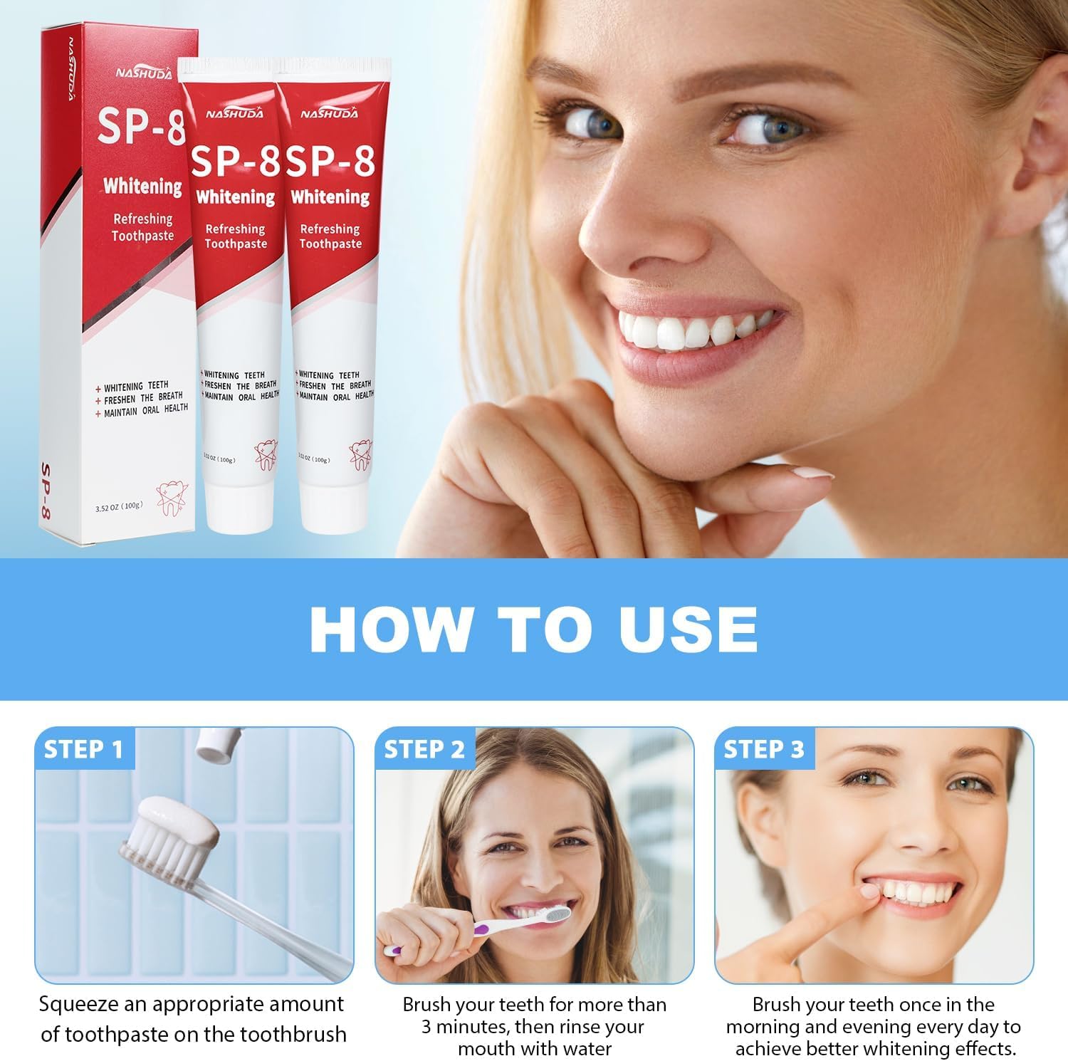 NASHUDA SP-8 Ultra Whitening & Probiotic Toothpaste - Enamel Safe Formula for Stain Removal, Fresh Breath & Teeth Health - 1 Pack Brightening Dental Care for Daily Oral Hygiene & Stain-Free Smile