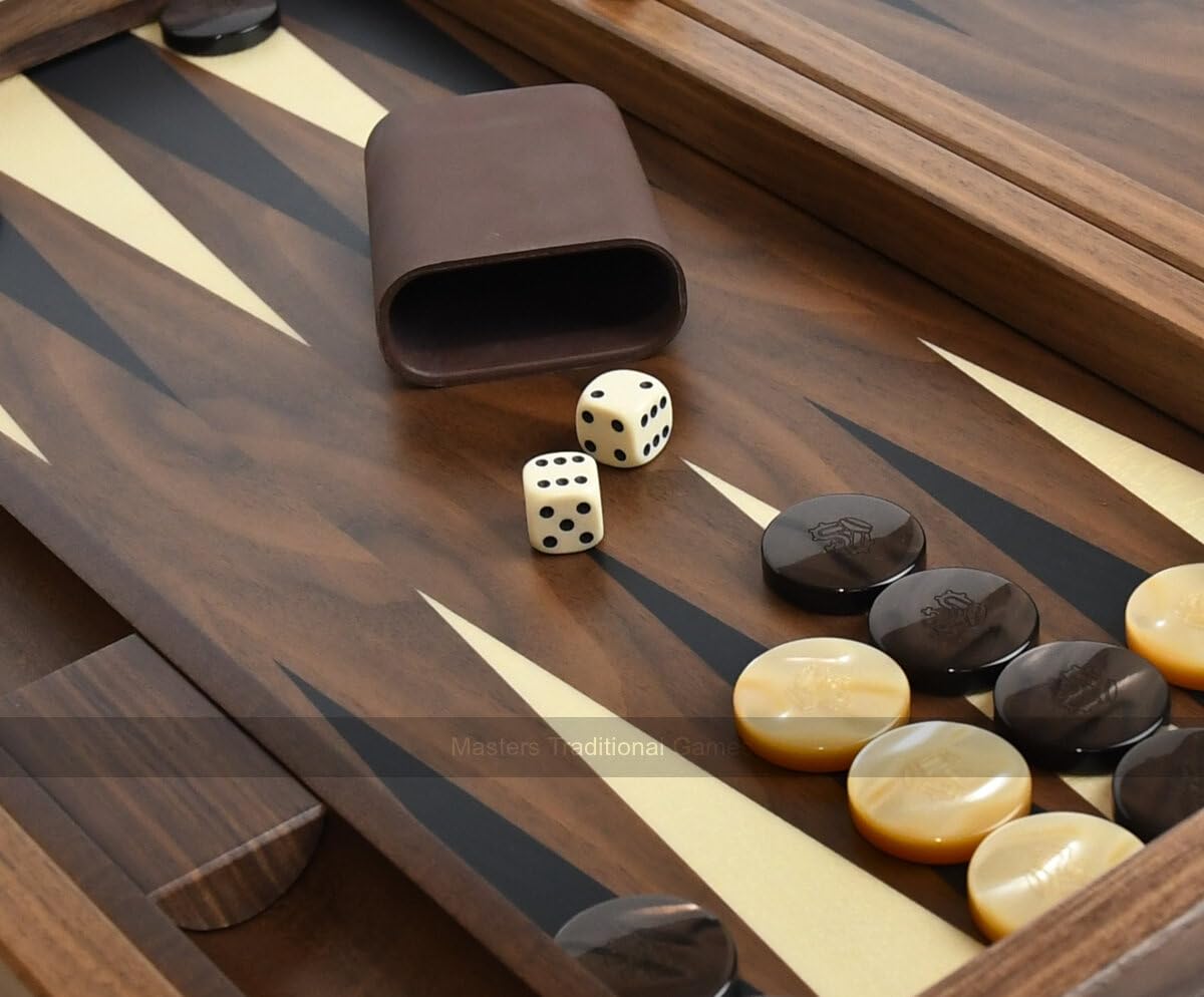 York Deluxe 19-Inch Walnut Backgammon Set with Inlaid Wooden Board - Includes Wooden Checkers, Dice Cups, Dice & Doubling Cube - Italian Craftsmanship - Perfect for Game Nights, Travel & Home Decor