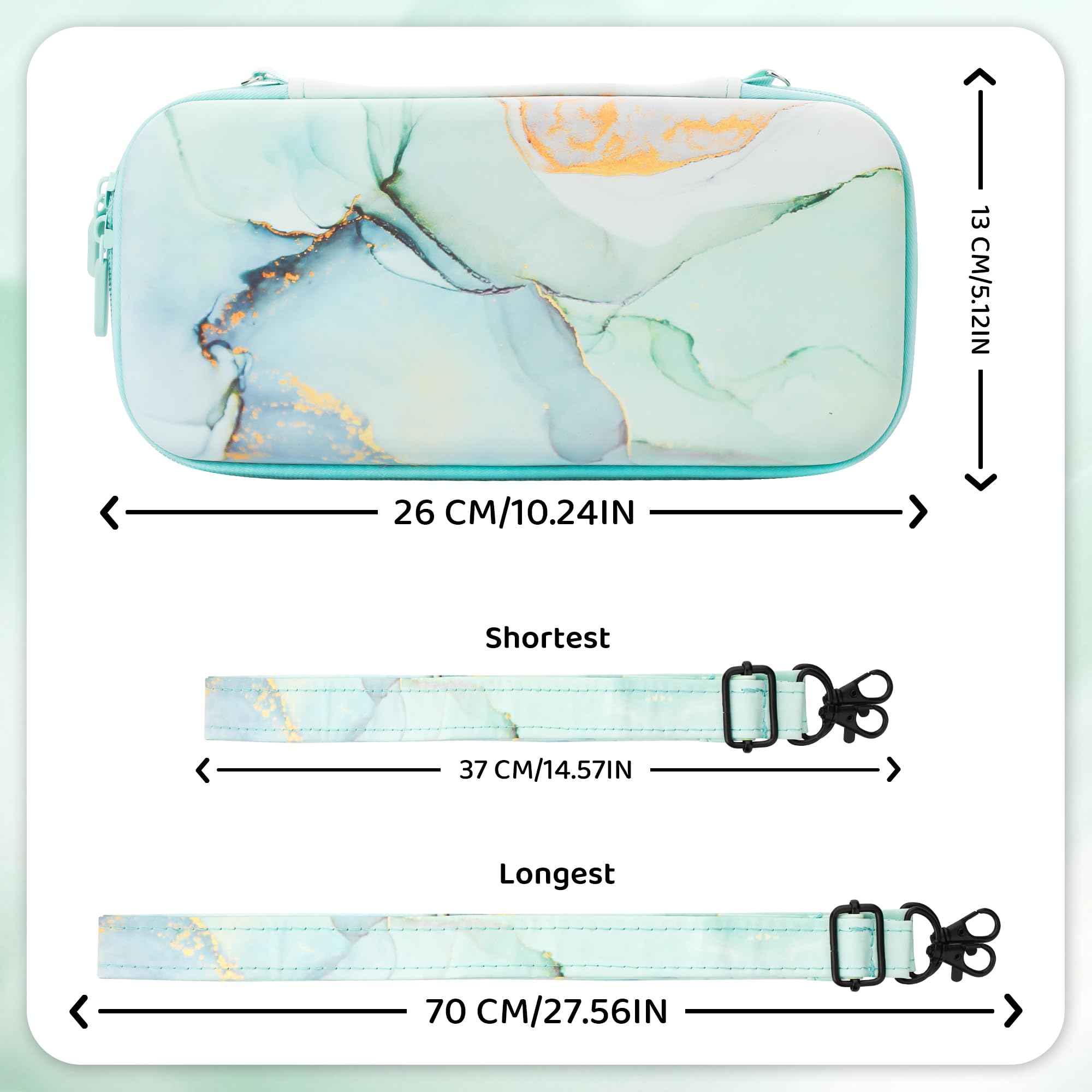 Premium Hard Shell Travel Case for Nintendo Switch - Green Marble Protective Cover with Screen Protector, Adjustable Shoulder Strap & 2 Thumb Grips | Portable Storage Solution for Gaming On-The-Go, Commuting & Travel Accessories