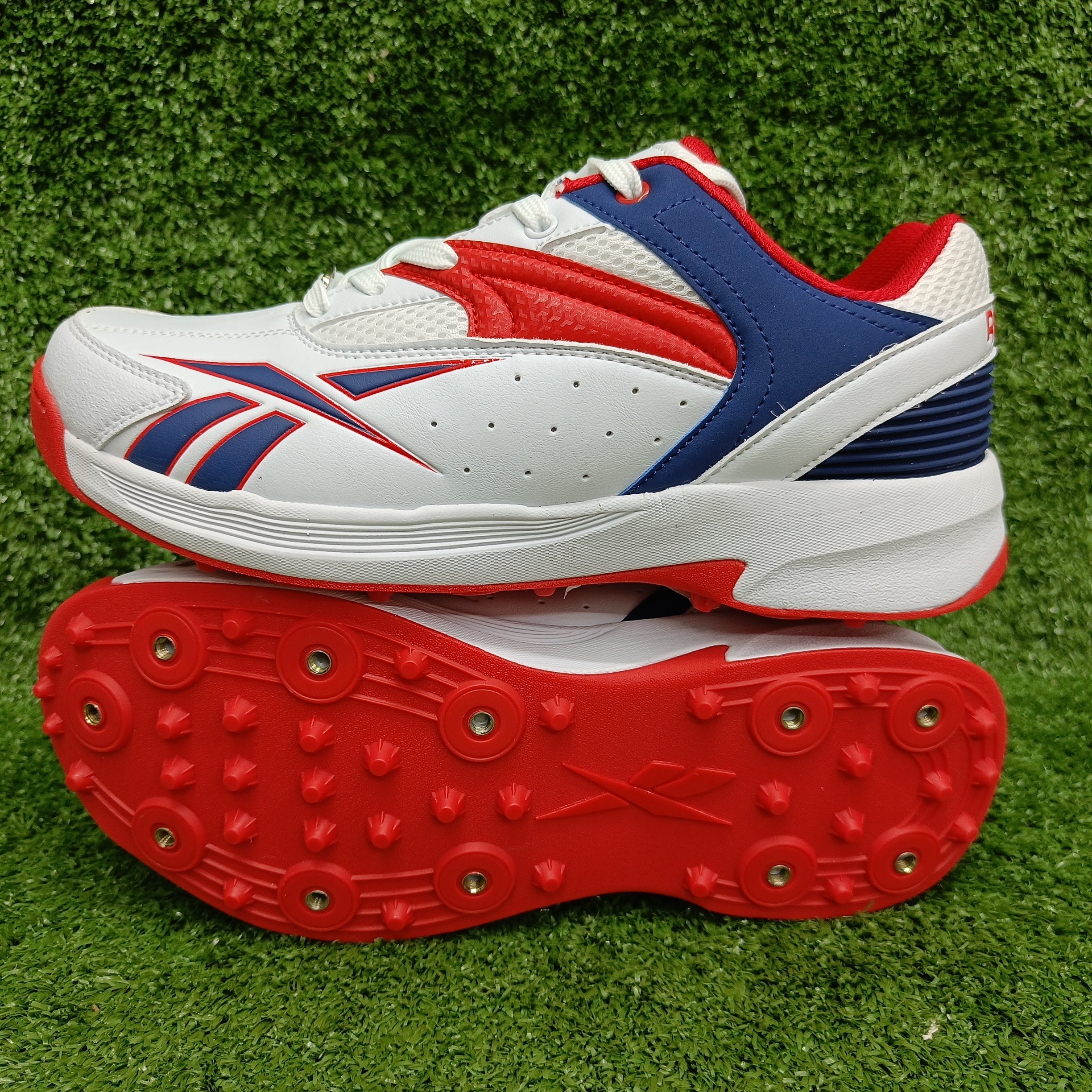 Reebok Not Out Syndicate Cricket Shoes - White/Blue/Red Metal Spike Cleats for Men | Perfect for Professional Matches & Training Sessions