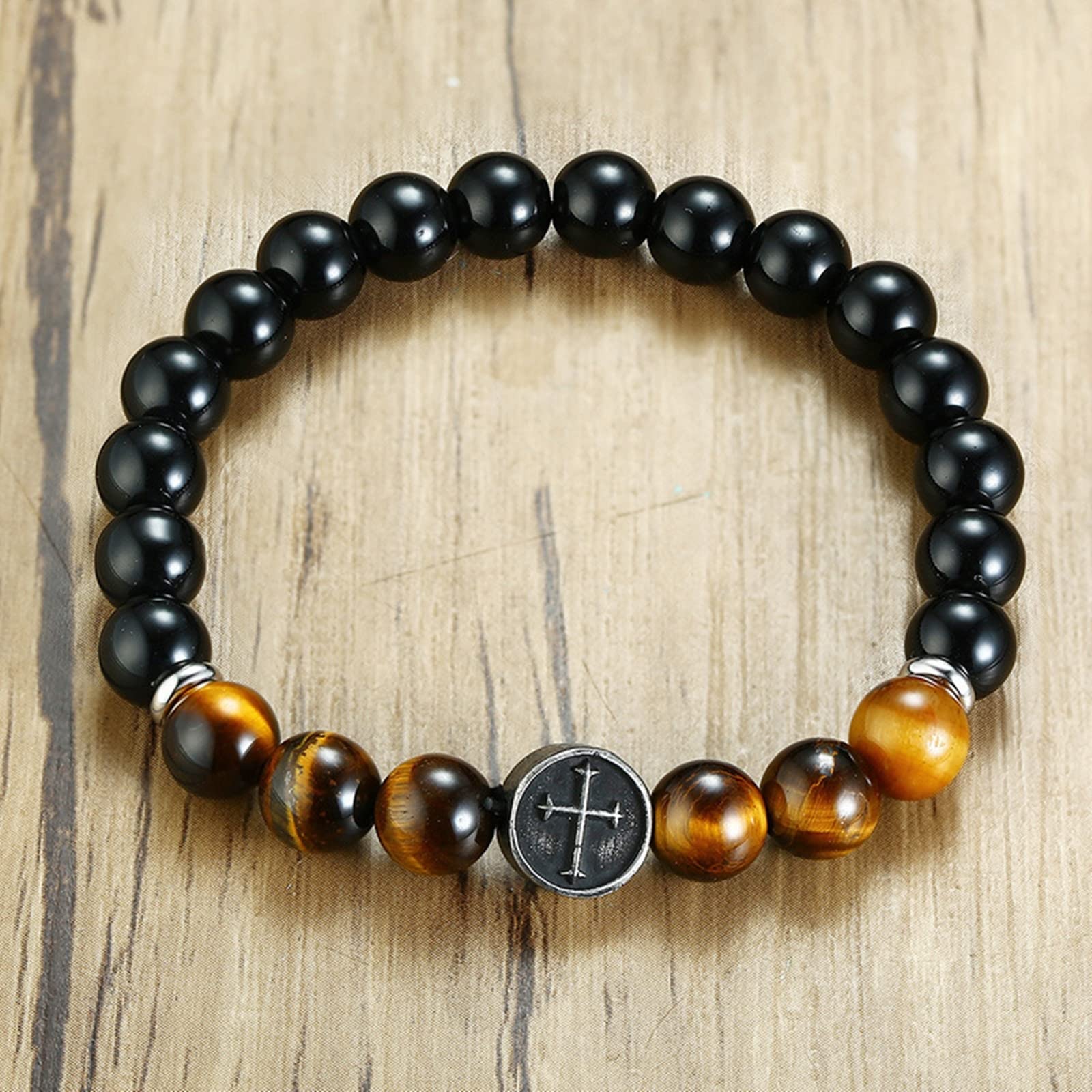 Men's Beaded Bracelet - Black Tiger Eye & Agate Stone Beads with Stainless Steel Clasp - Adjustable 16.5cm Ankle or Wrist Bracelet for Men - Perfect for Casual Wear, Gifts & Spiritual Protection