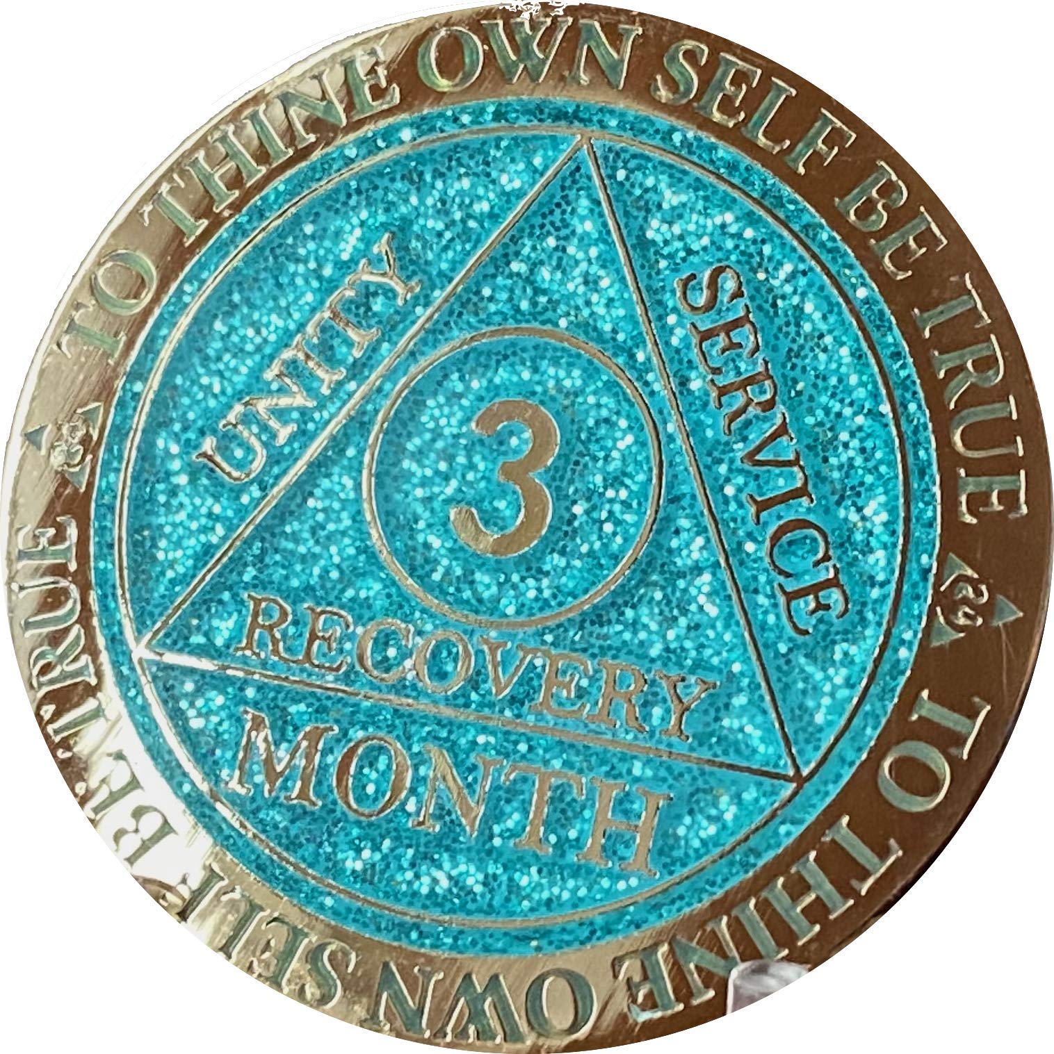 3 Month AA Medallion Reflex Aqua Glitter & Gold Plated Chip - Perfect for Recovery Milestones, Sobriety Gifts & 12-Step Program Tokens