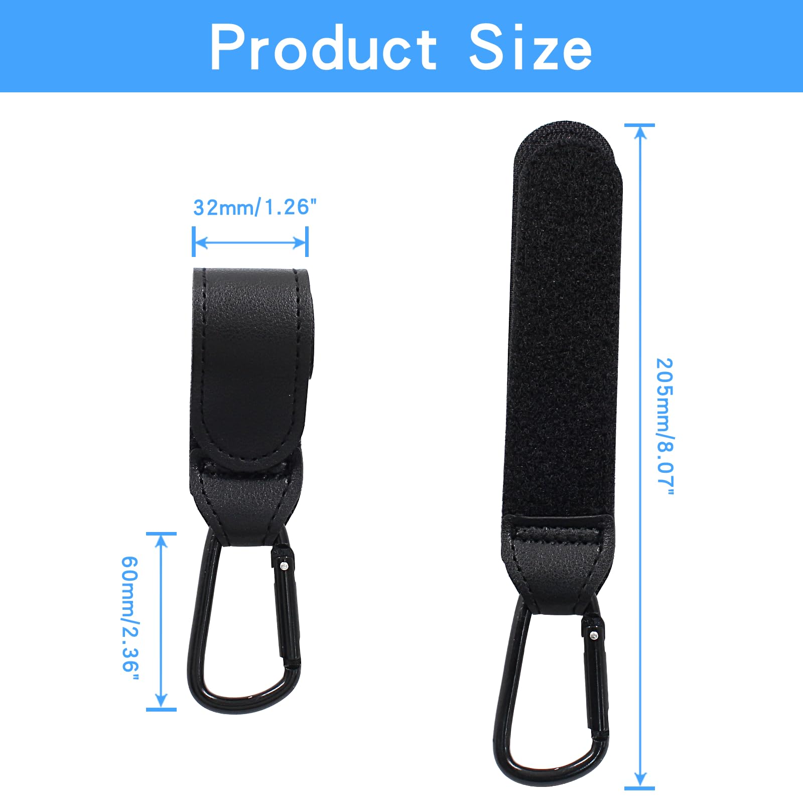 2 Pack Durable Leather Stroller Hooks for Diaper Bags - Heavy Duty Stroller Clips for Wheelchairs & Shopping Carts - Black Stroller Accessories (Perfect for Baby Gear Organization & Shopping Trips)
