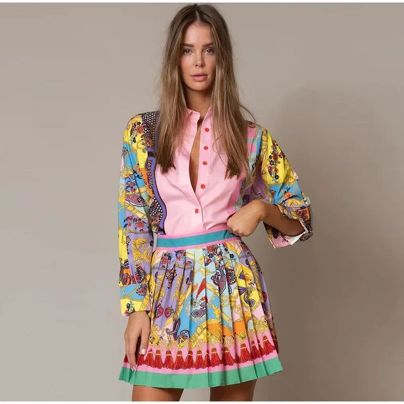 Stylish Women's Pink Lantern Print Short Sleeve Shirt & Pleated Skirt Set - Summer Slim Fit Outfit for Casual Wear, Date Night & Office Fashion