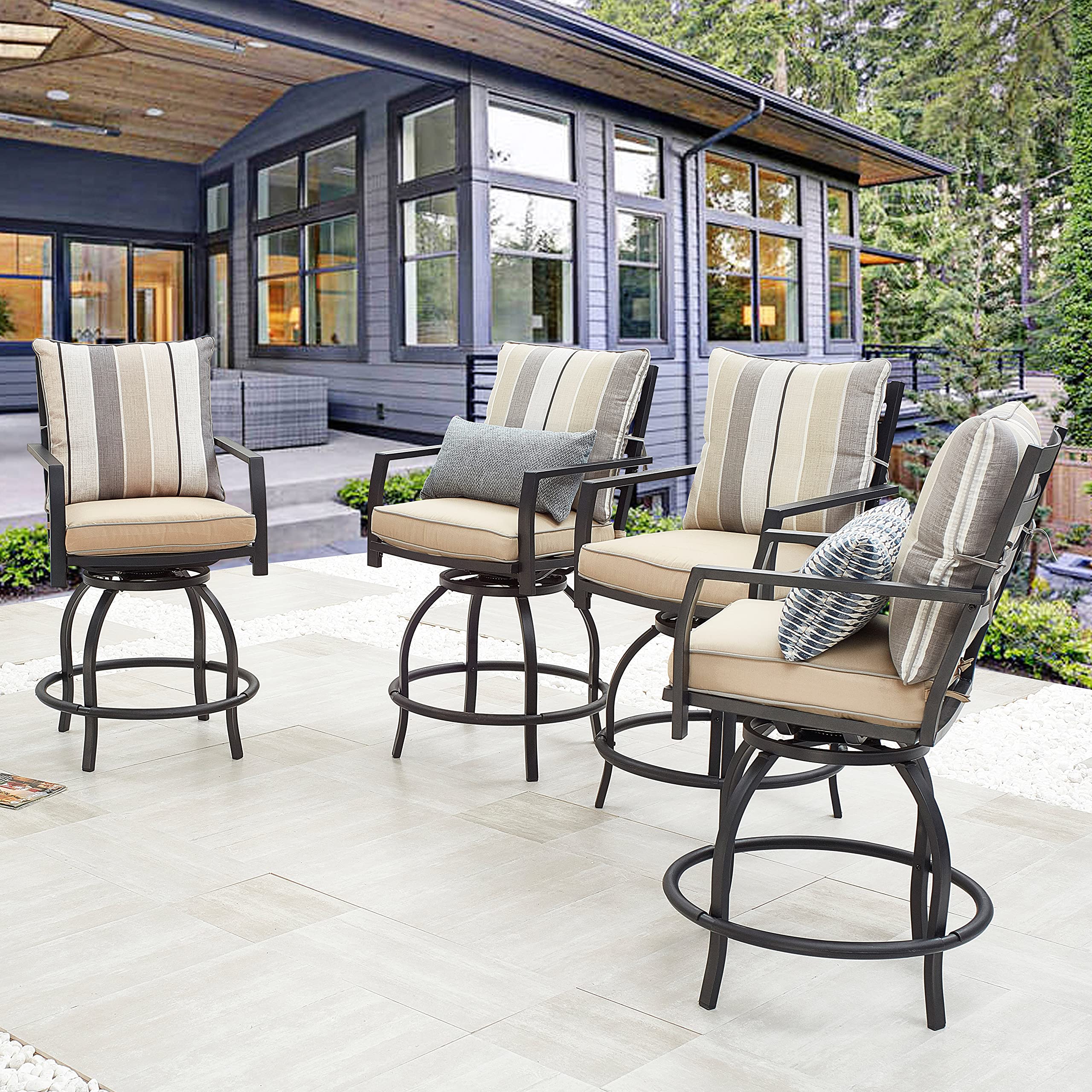 LOKATSE HOME Outdoor Swivel Bistro Chairs - Set of 4 Patio Bar Stools with Cushion, Beige Metal Furniture for Garden, Poolside, and Backyard Relaxation