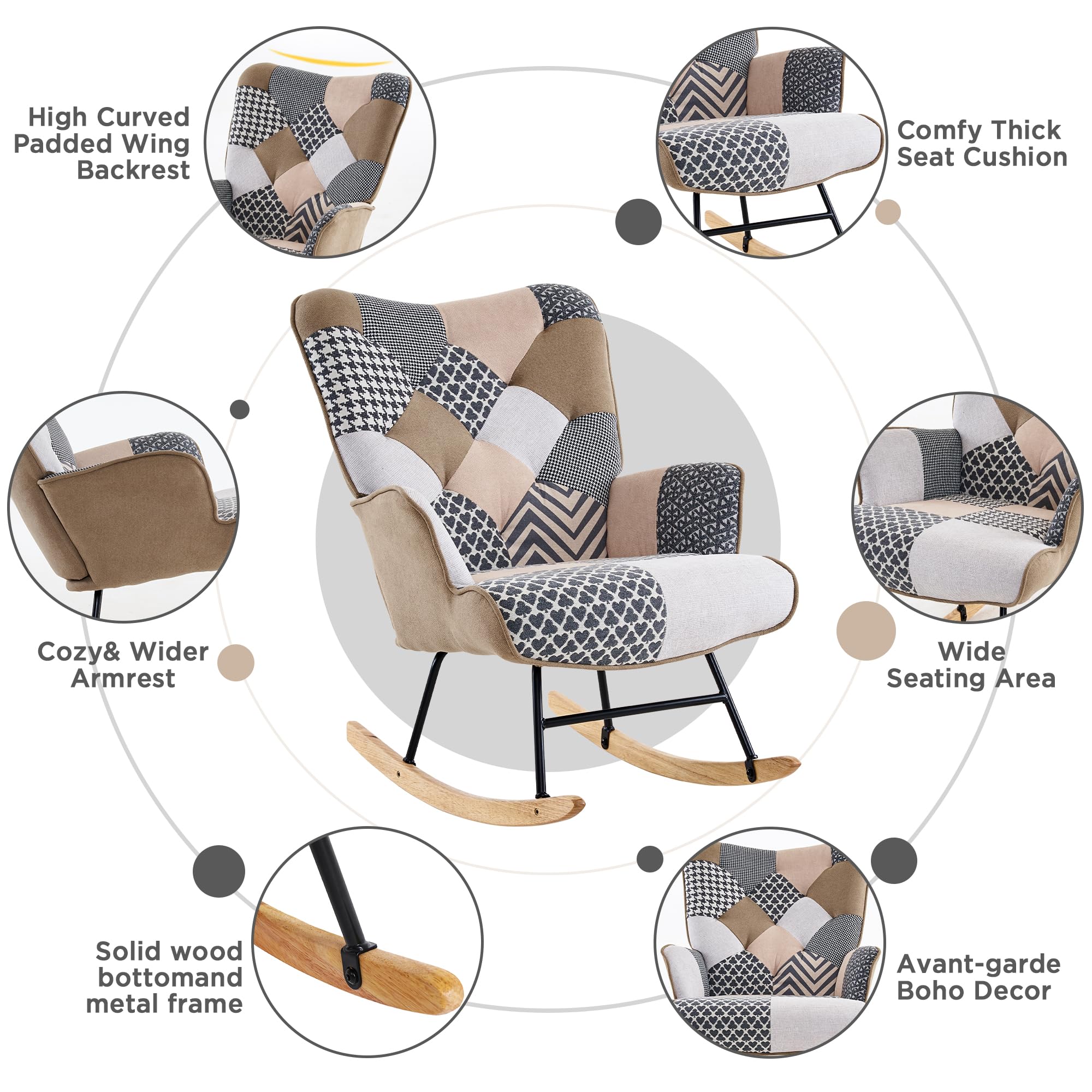 Comfortable High Back Glider Rocking Chair with Wooden Legs - Nursery, Living Room & Bedroom Accent Chair - Perfect for Nursing, Reading & Relaxing (Gray)