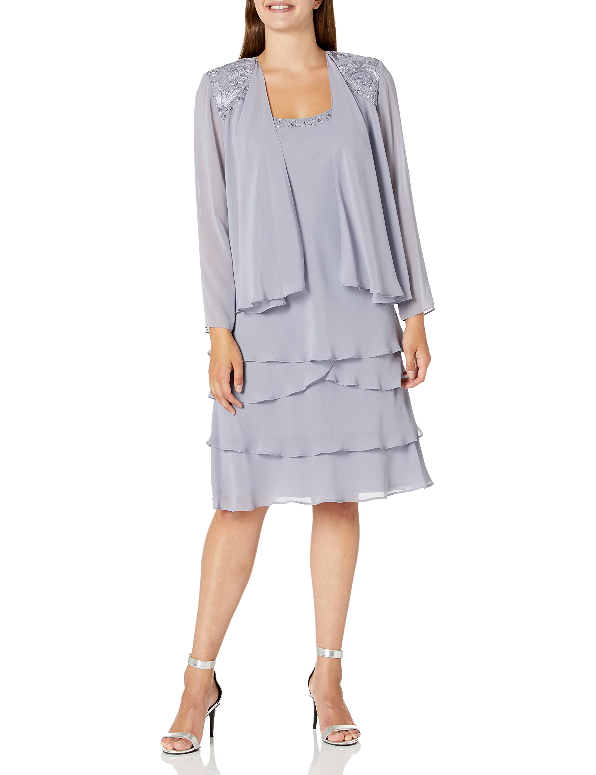 Elegant Women's Mother of The Bride Tiered Jacket Dress with Shoulder Embellishment - Petite & Regular Sizes | Formal Wedding Guest Outfit for Special Occasions