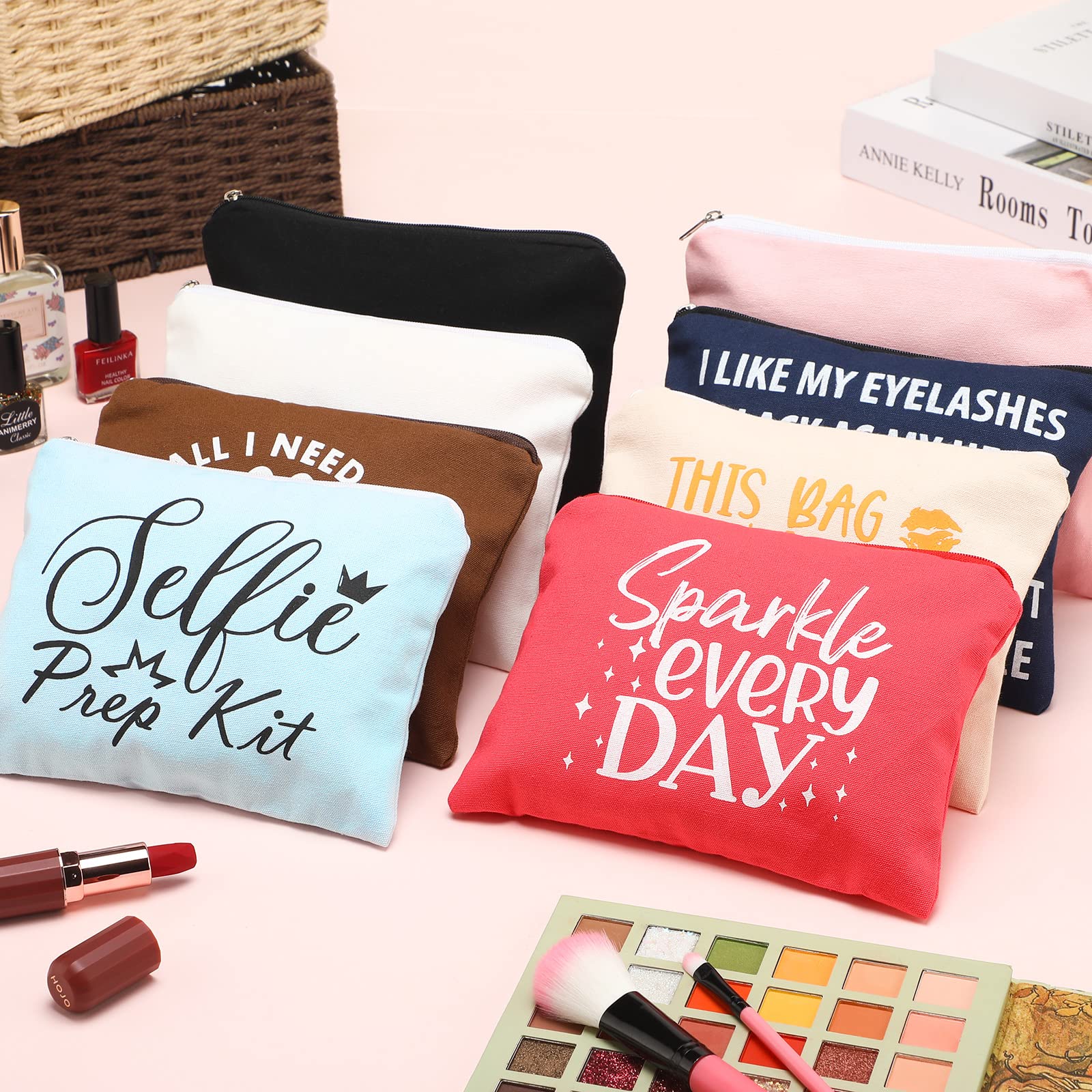 WeeWooday 16-Pack Colorful Canvas Makeup Bags with Zippers - Funny Inspirational Cosmetic Pouches for Women | Travel Toiletry Organizer, Gym Essentials & Gift Set (Stylish Patterns)