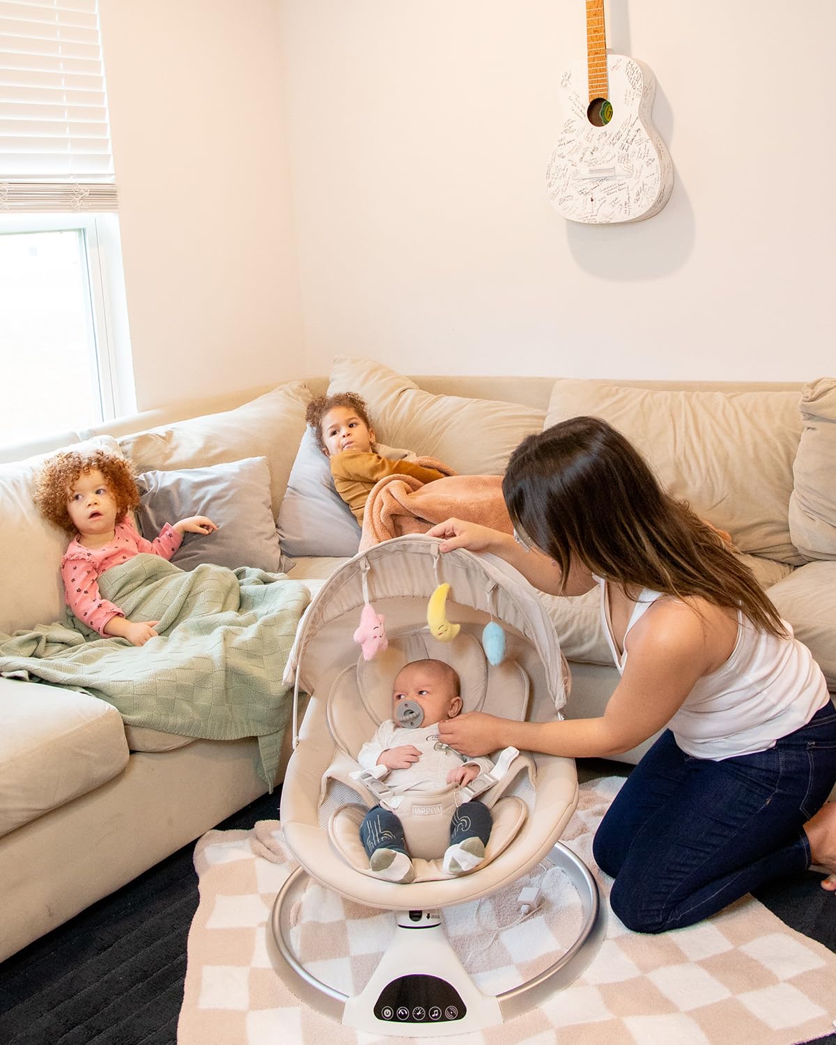 HARPPA Electric Baby Swing for Infants 0-12 Months - Portable Bluetooth Motorized Swing with 12 Lullabies, Auto Rocking & Adjustable Speeds - Perfect for Nursery, Travel & Soothing Newborns (Khaki)