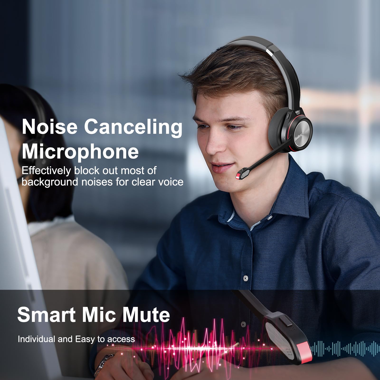 Beebang Bluetooth Headset with Microphone - Wireless Mono Headset with Noise Cancelling Mic & Mute Button - 30 Hours Battery Life - Bluetooth 5.2 for PC, Laptop, Teams, Zoom - Perfect for Business Meetings, Remote Work & Online Classes