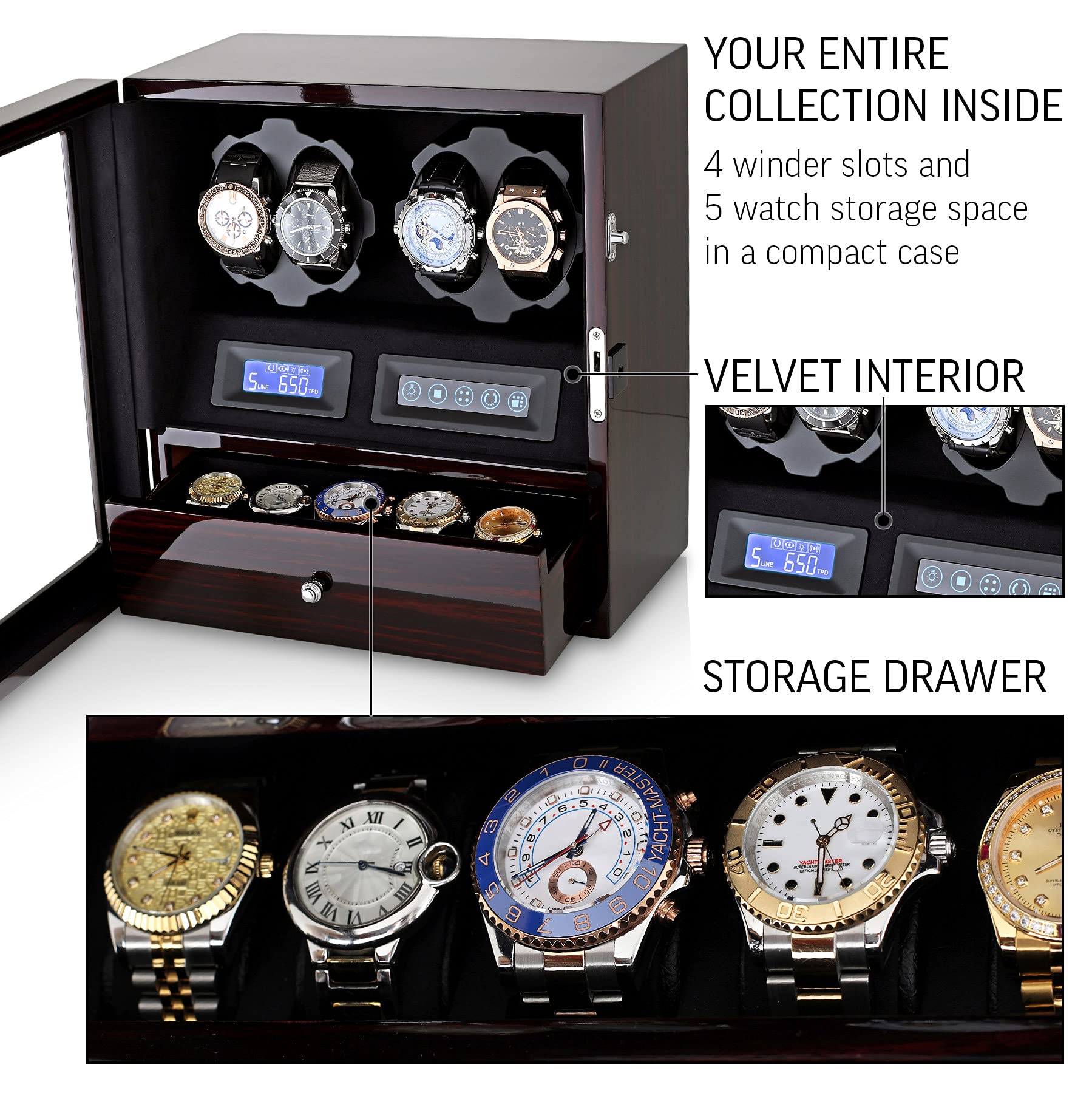 4 Watch Winder Box with 5 Watch Storage - Automatic Winder with LCD Display, Touch Control & LED Interior Light - Perfect for Watch Collectors & Luxury Watch Storage
