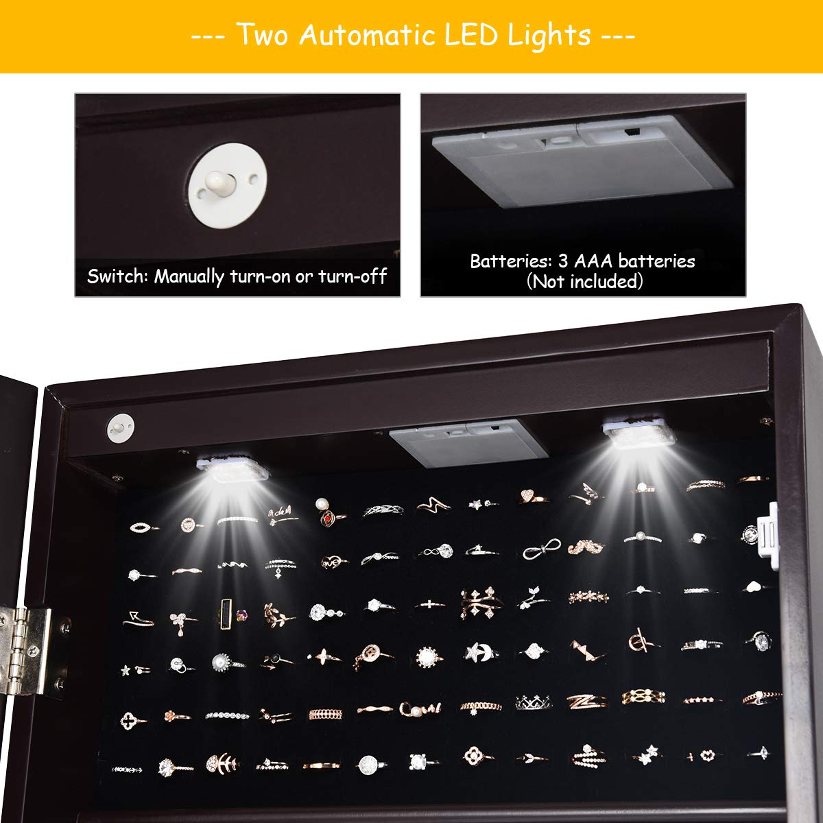 HOMGX Adjustable Full Length Mirror Jewelry Cabinet with LED Lights - 2 Drawers, Bracelet Hooks & Lockable Design - Large Capacity Standing Armoire Organizer for Necklaces, Rings & Accessories - Perfect for Bedroom, Dressing Room & Closet Organization (Brown)