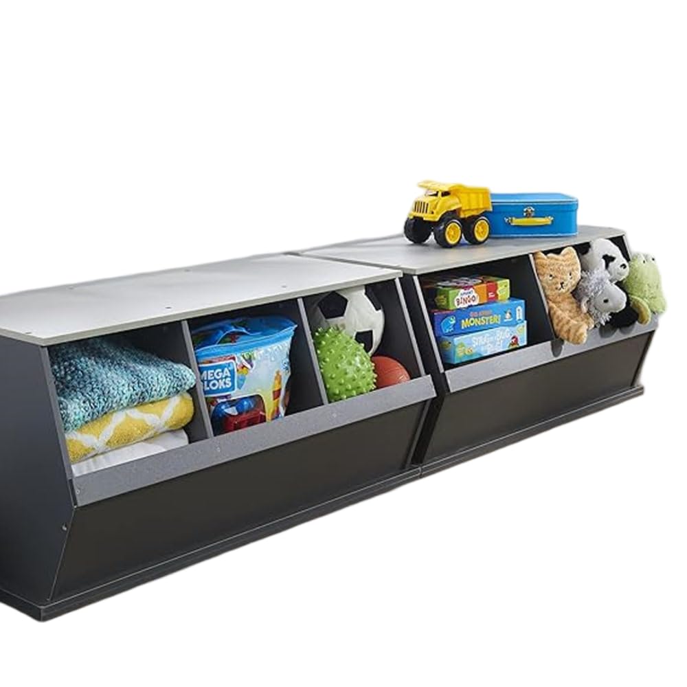 Badger Basket Two Bin Stackable Toy Storage Organizer - Charcoal Gray Woodgrain Design for Kids Room, Nursery, or Playroom Organization