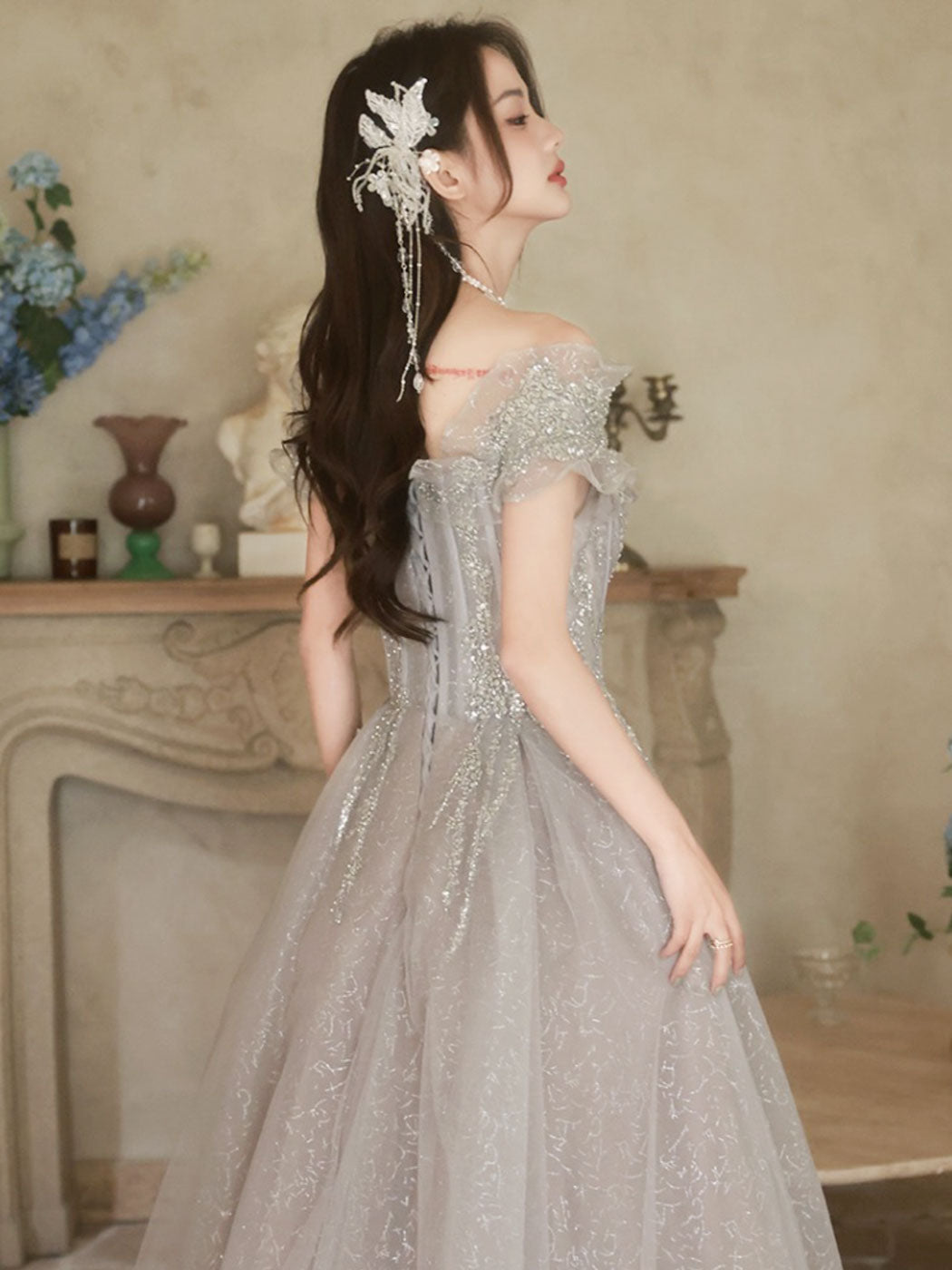 Elegant A-Line Off Shoulder Tulle Sequin Gray Long Prom Dress - Formal Evening Gown for Homecoming, Quinceañera & Special Occasions